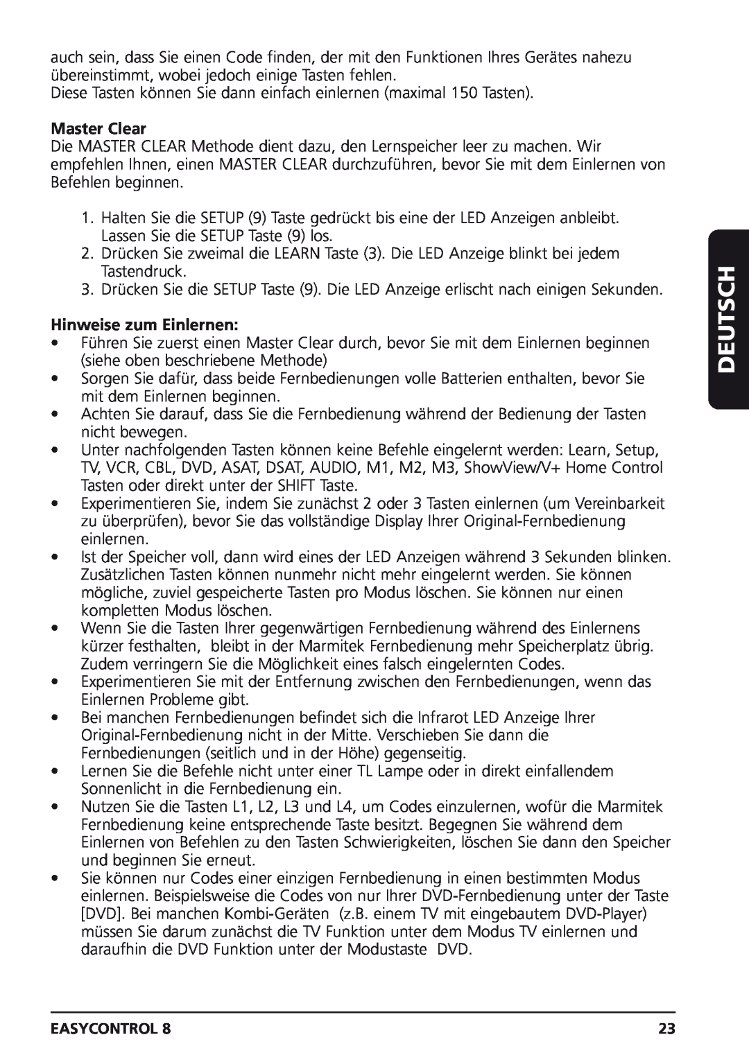 Marmitek Easycontrol 8 owner manual Master Clear, Hinweise zum Einlernen, Deutsch 