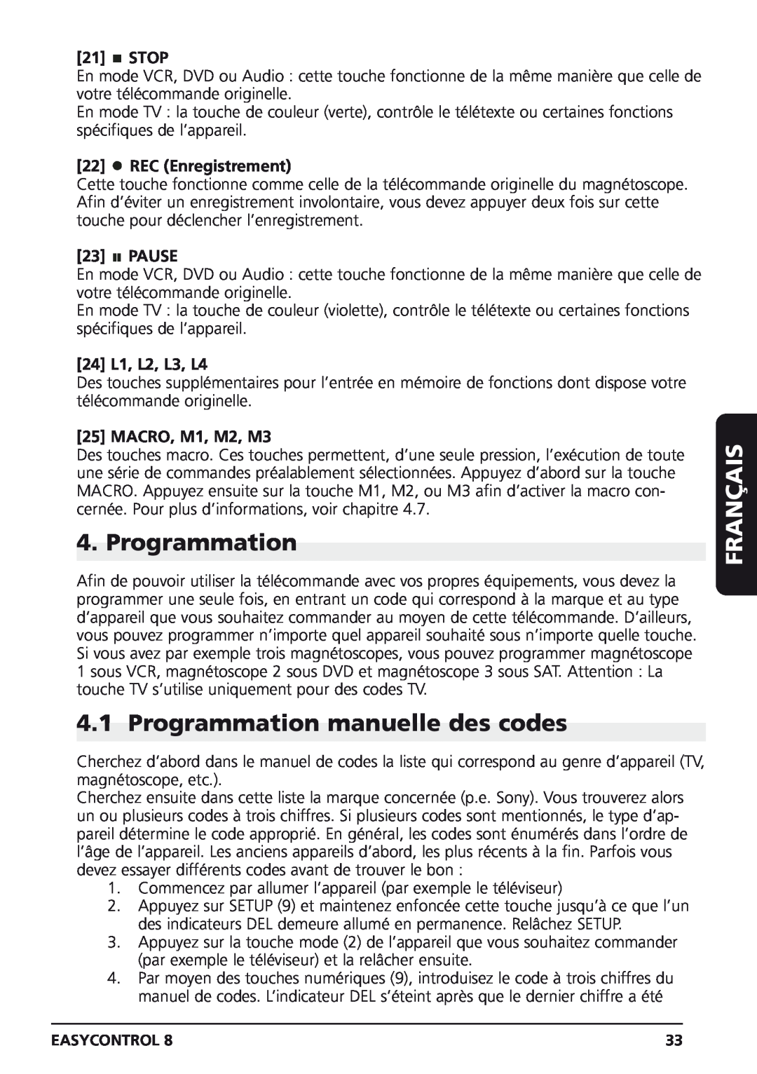 Marmitek Easycontrol 8 Programmation manuelle des codes, REC Enregistrement, Français, Stop, Pause, 24 L1, L2, L3, L4 