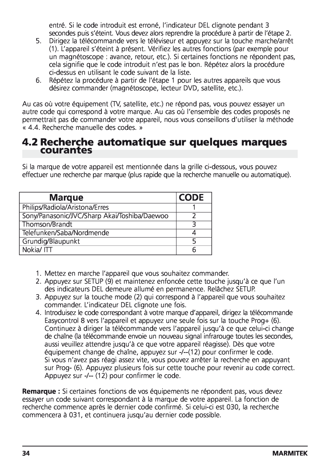 Marmitek Easycontrol 8 owner manual Recherche automatique sur quelques marques courantes, Marque, Code 