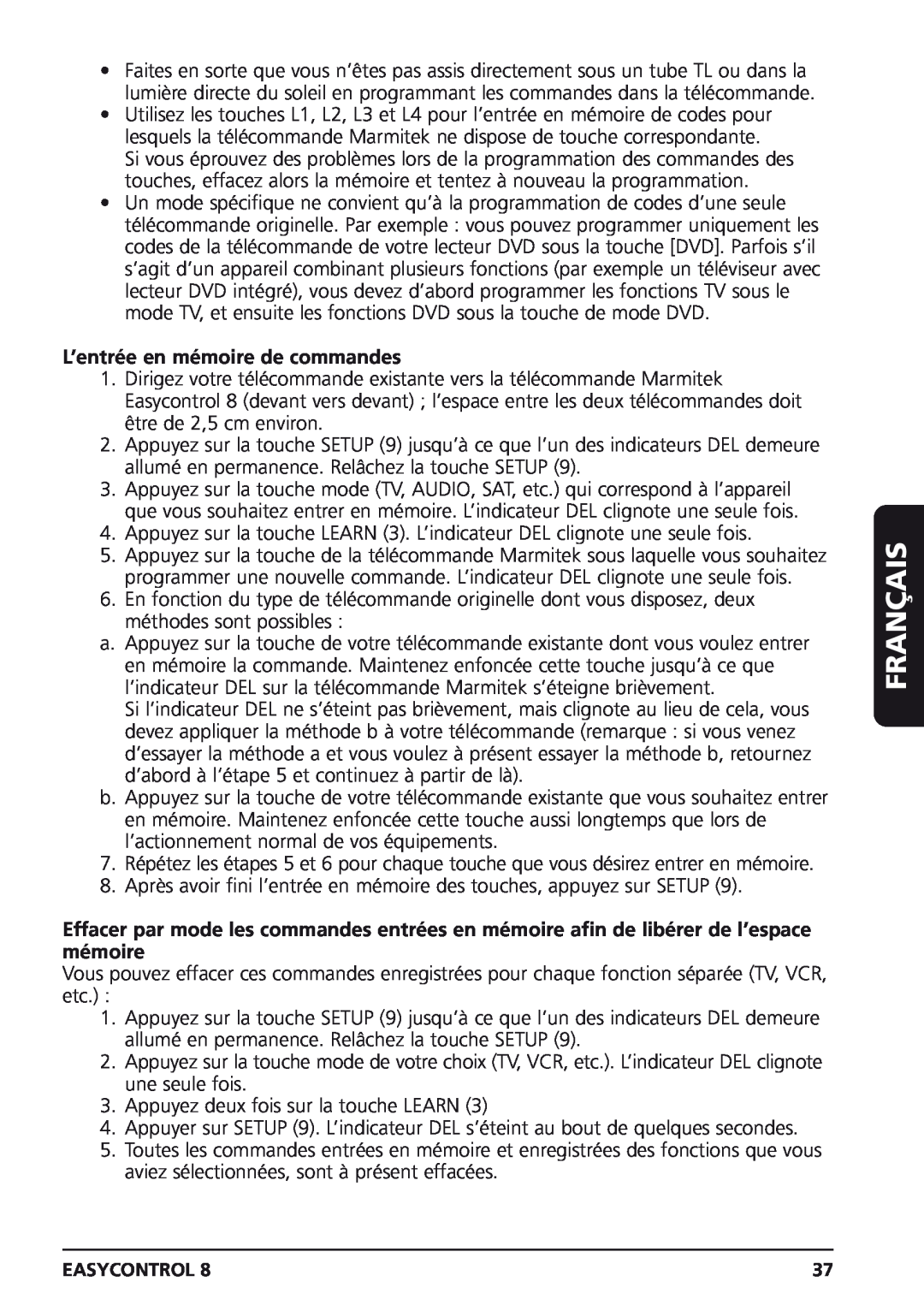Marmitek Easycontrol 8 owner manual L’entrée en mémoire de commandes, Français 