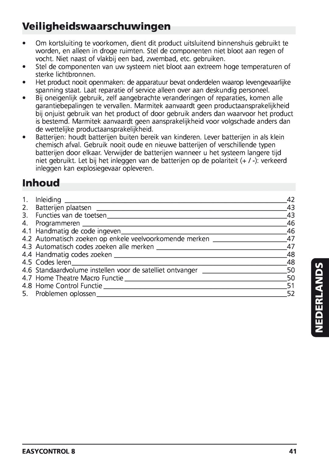 Marmitek Easycontrol 8 owner manual Veiligheidswaarschuwingen, Inhoud, Nederlands 