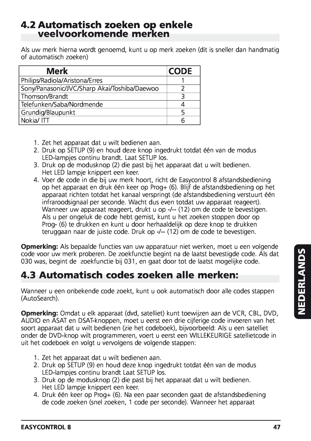 Marmitek Easycontrol 8 Automatisch zoeken op enkele veelvoorkomende merken, Automatisch codes zoeken alle merken, Merk 