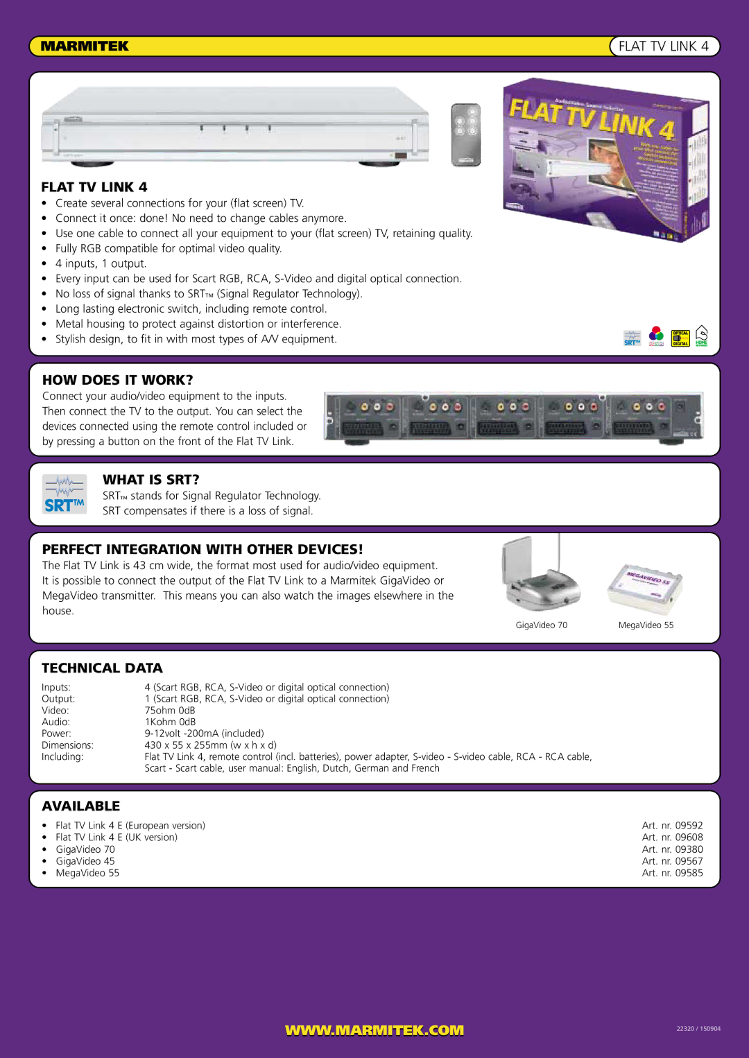 Marmitek Marmitek, Flat TV Link, HOW does IT WORK?, What is SRT?, Perfect Integration with Other Devices, Available 