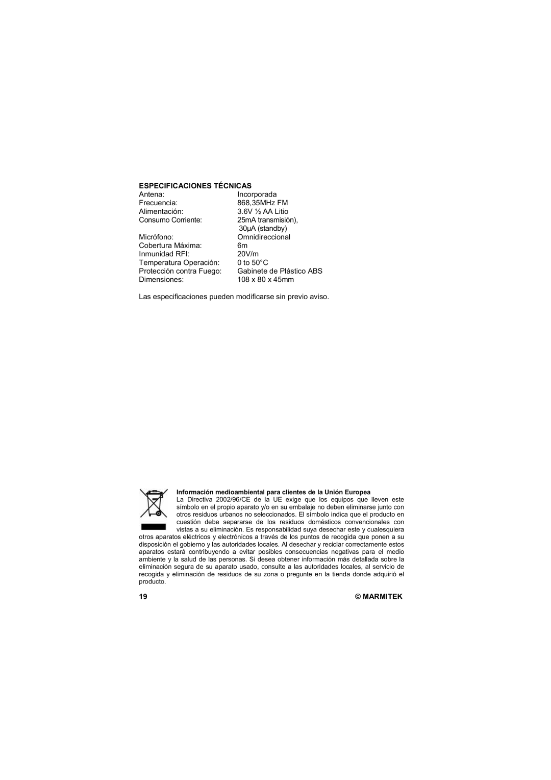 Marmitek GB843 user manual Especificaciones Técnicas 