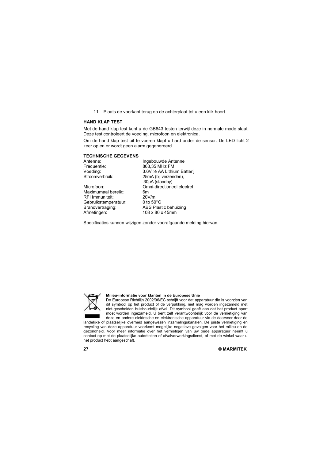 Marmitek GB843 user manual Hand Klap Test, Technische Gegevens 