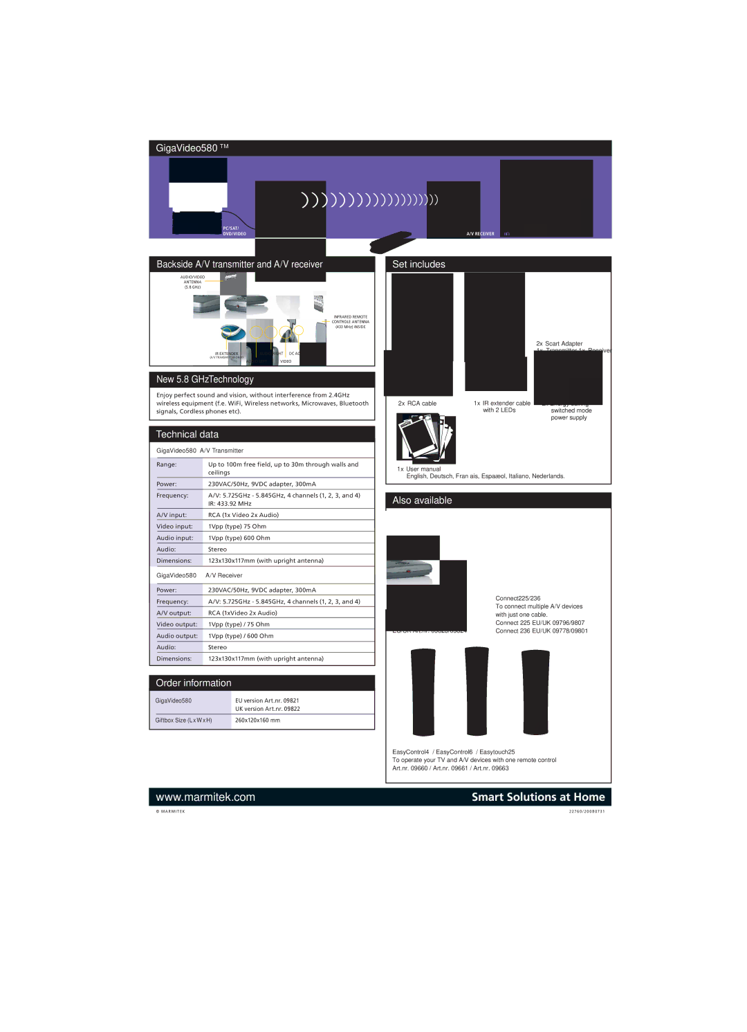 Marmitek GigaVideo 580 GigaVideo580TM, Backside A/V transmitter and A/V receiver, New 5.8 GHzTechnology, Technical data 