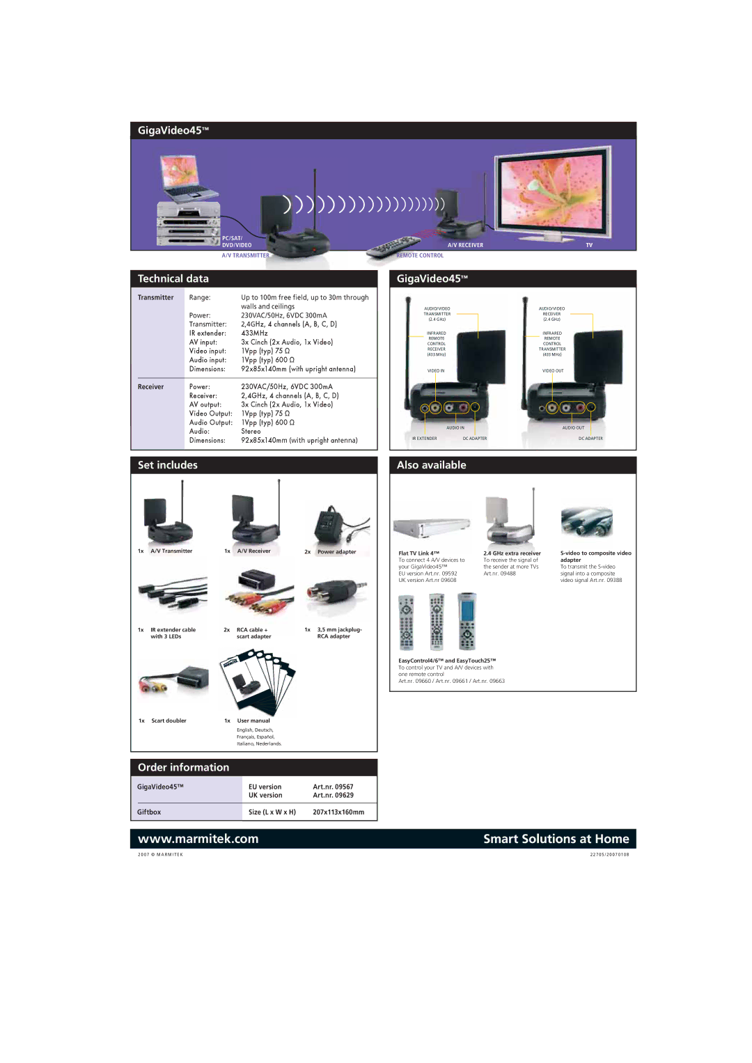 Marmitek GigaVideo45 manual Technical data, Set includes, Order information, Also available 