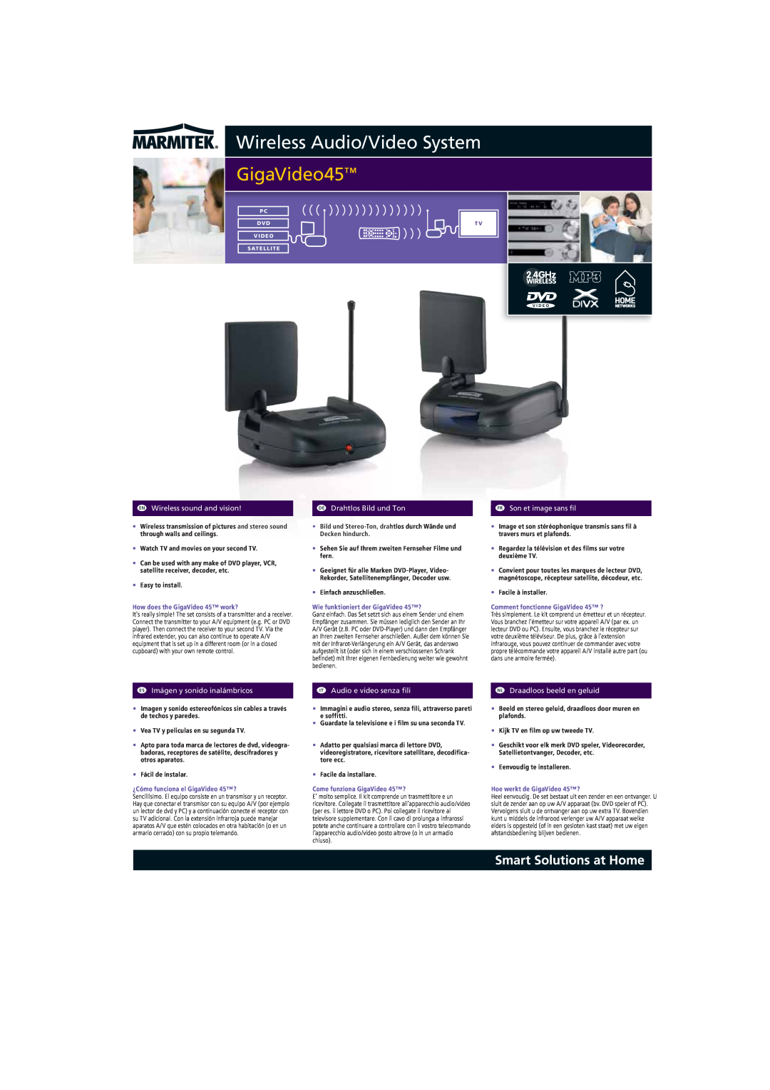 Marmitek GigaVideo45 manual Wireless Audio/Video System, EN Wireless sound and vision, DE Drahtlos Bild und Ton 