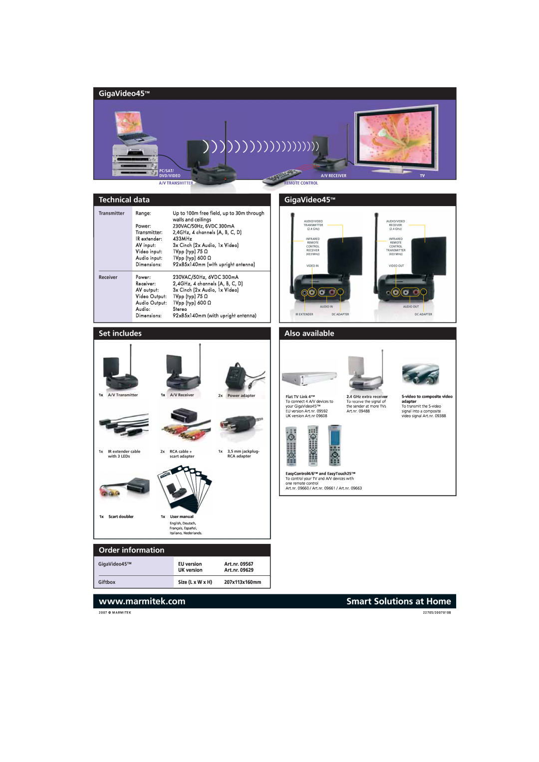 Marmitek GigaVideo45 Technical data, Set includes, Order information, Also available, Transmitter, Receiver, EU version 
