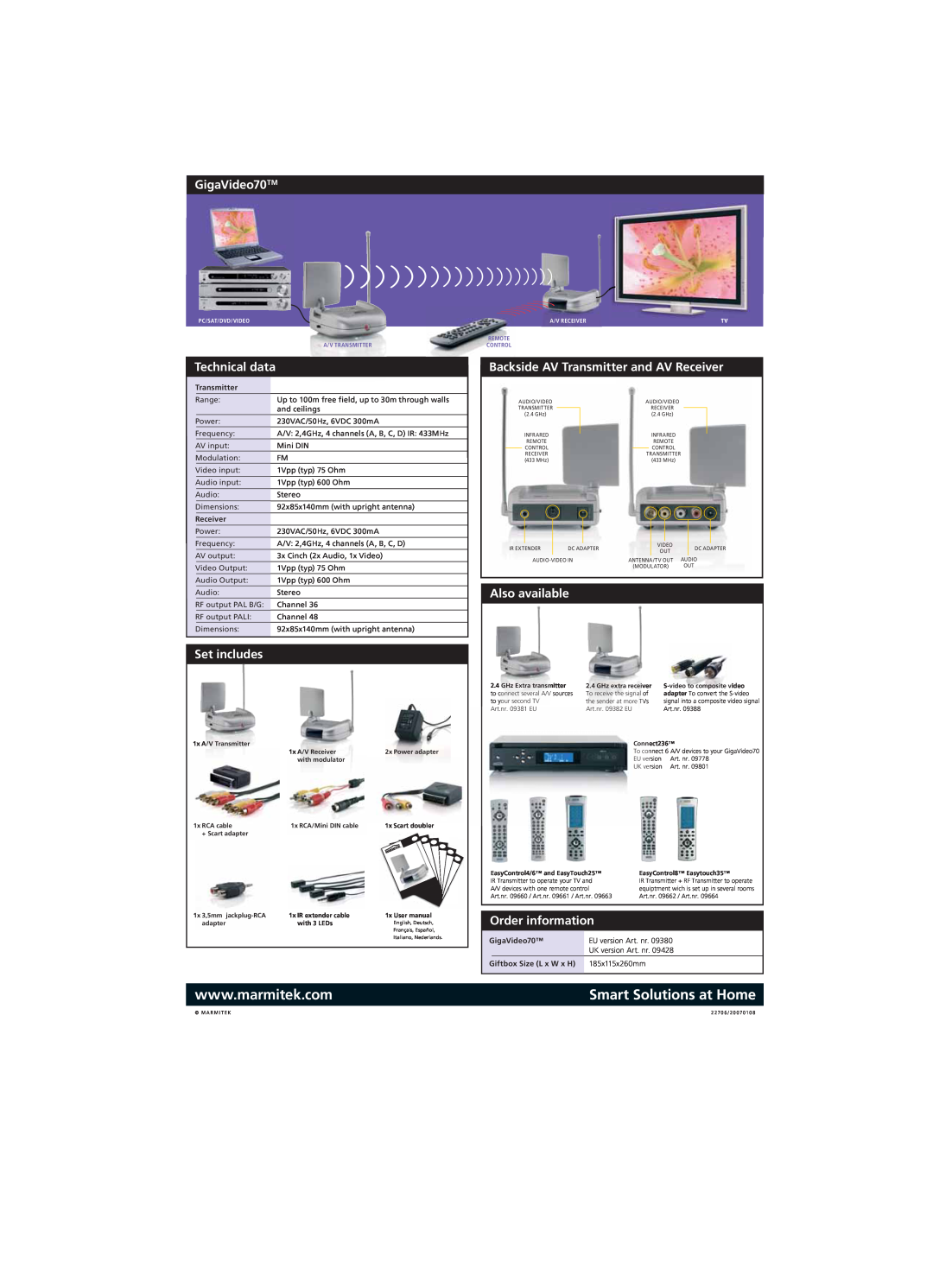 Marmitek manual GigaVideo70TM, Set includes, Backside AV Transmitter and AV Receiver, Also available, Order information 
