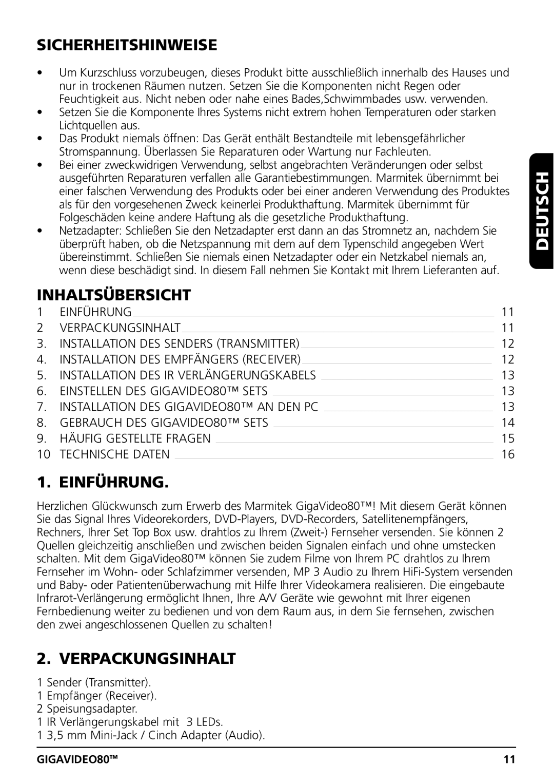 Marmitek GIGAVIDEO80 user manual Sicherheitshinweise, Inhaltsübersicht, Einführung, Verpackungsinhalt 