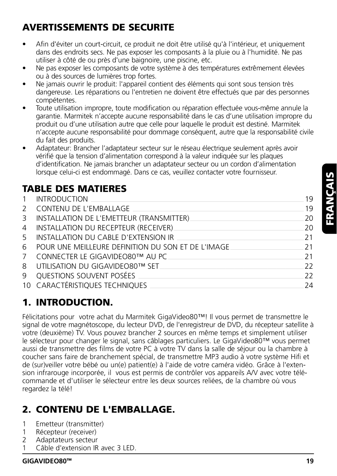 Marmitek GIGAVIDEO80 user manual Avertissements DE Securite, Table DES Matieres, Contenu DE Lemballage 