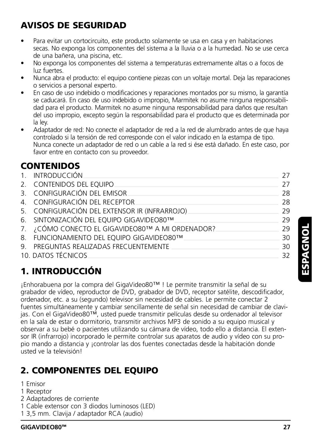 Marmitek GIGAVIDEO80 user manual Avisos DE Seguridad, Contenidos, Introducción, Componentes DEL Equipo 