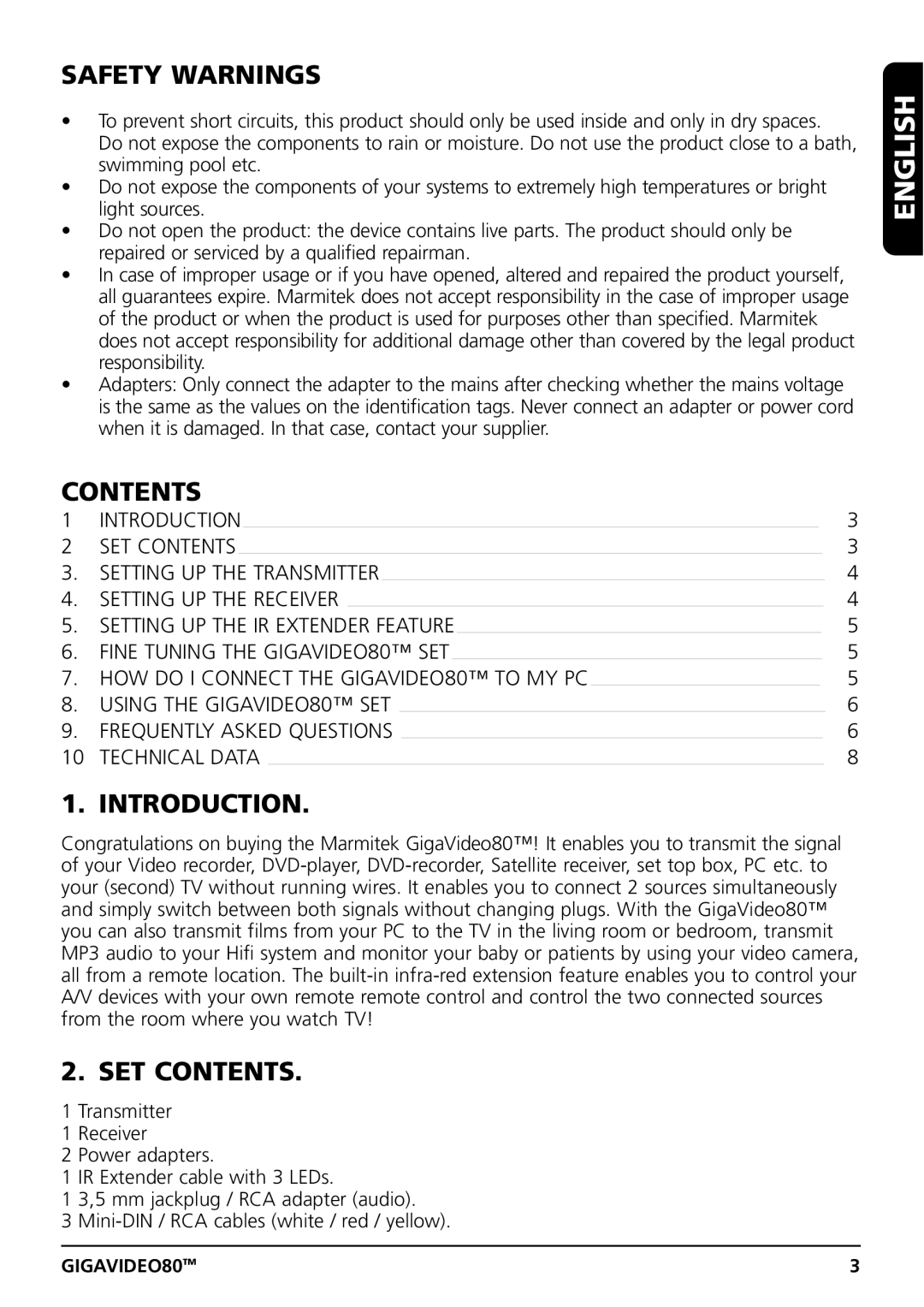 Marmitek GIGAVIDEO80 user manual Safety Warnings, Introduction, SET Contents 