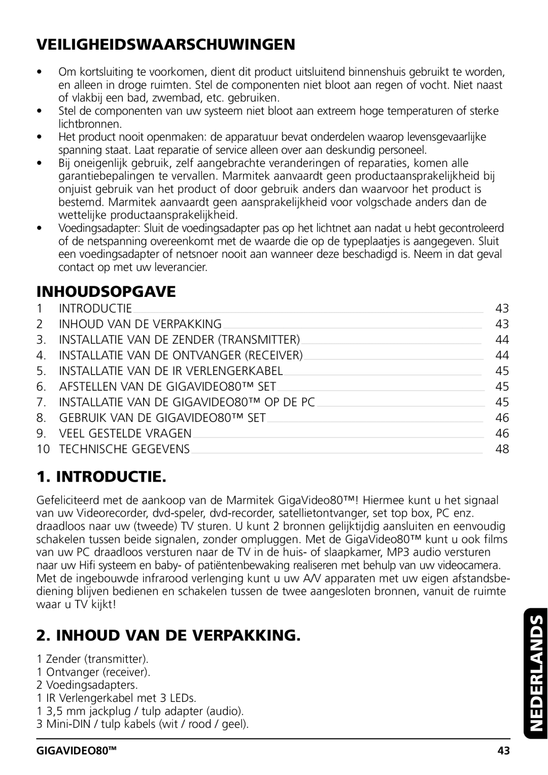 Marmitek GIGAVIDEO80 user manual Veiligheidswaarschuwingen, Inhoudsopgave, Introductie, Inhoud VAN DE Verpakking 