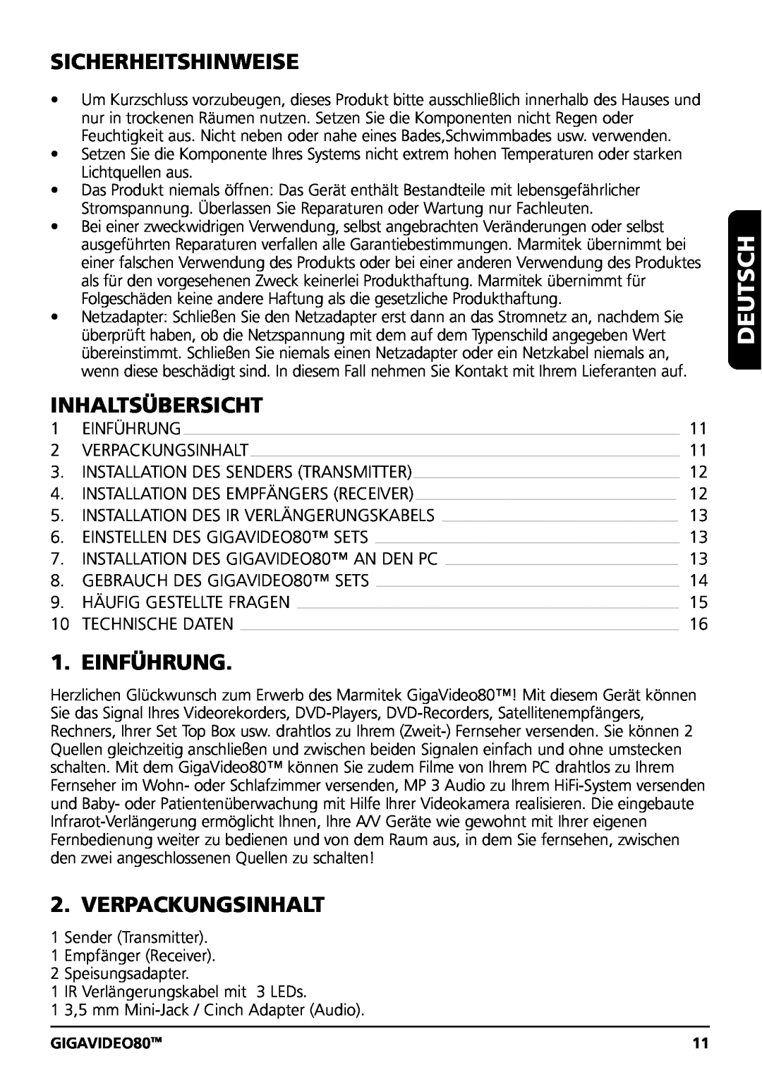 Marmitek user manual Deutsch, Sicherheitshinweise, Inhaltsübersicht, Einführung, Verpackungsinhalt, GIGAVIDEO80TM 