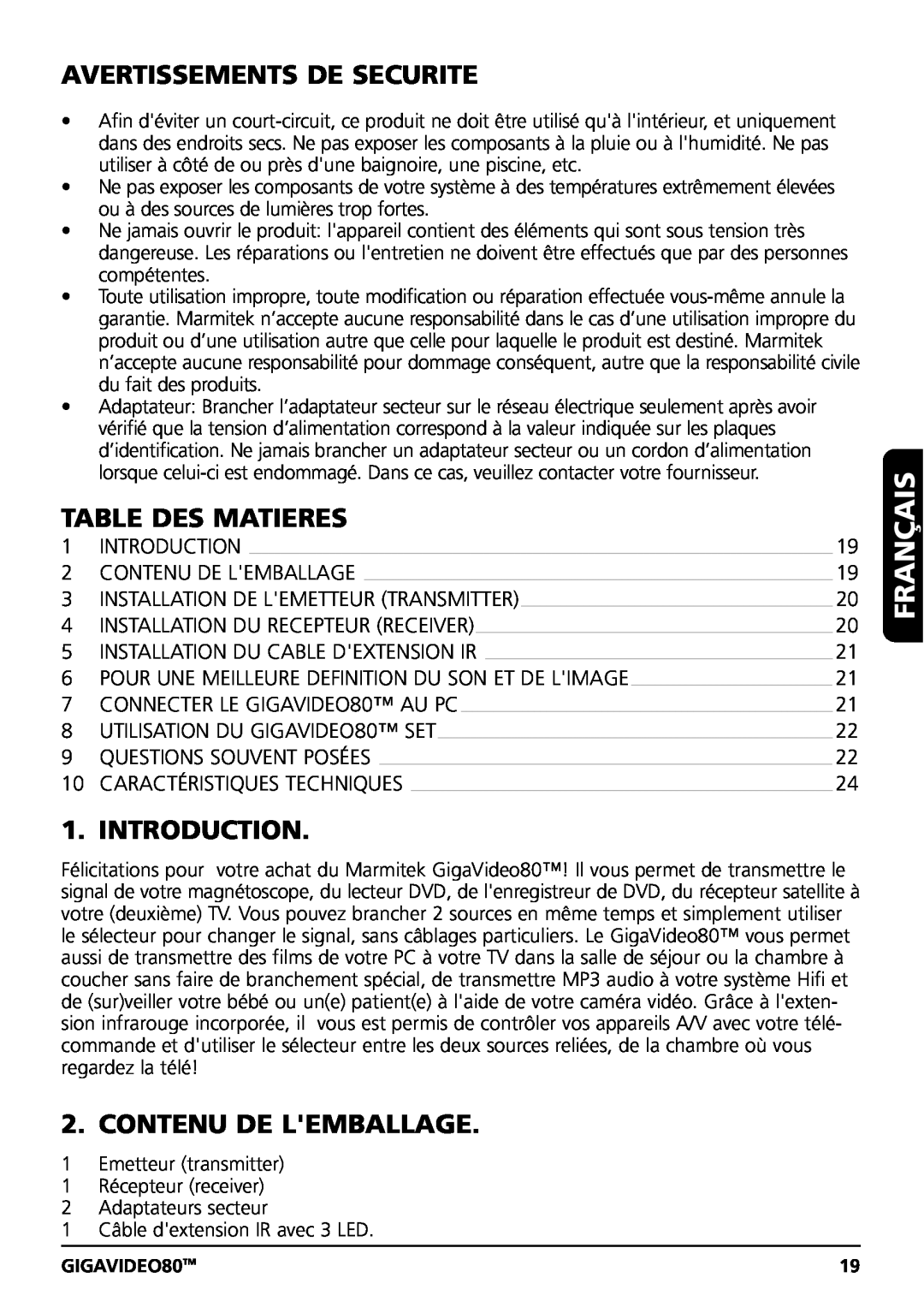 Marmitek GIGAVIDEO80 Français, Avertissements De Securite, Table Des Matieres, Contenu De Lemballage, Introduction 