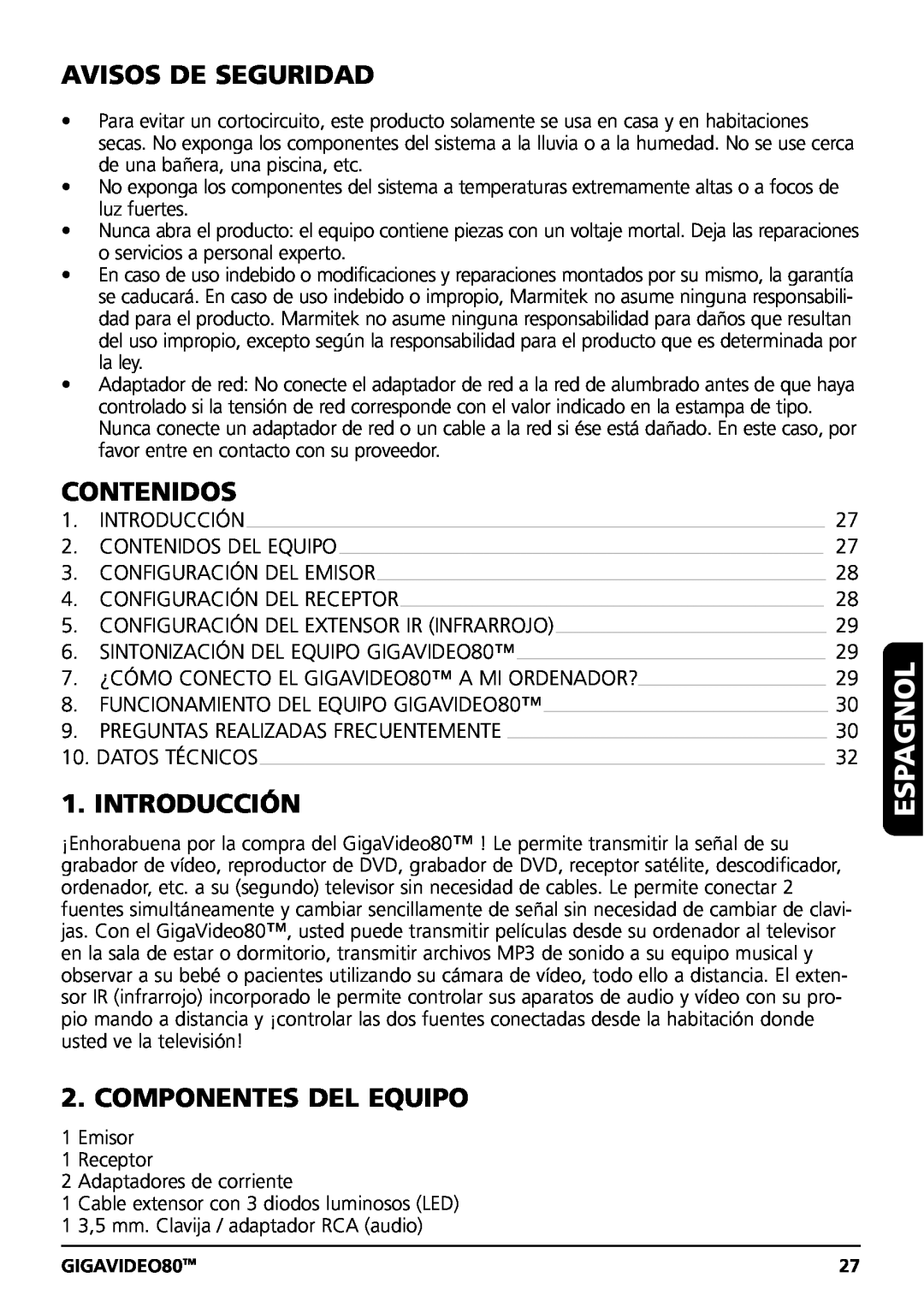 Marmitek GIGAVIDEO80 user manual Espagnol, Avisos De Seguridad, Contenidos, Introducción, Componentes Del Equipo 