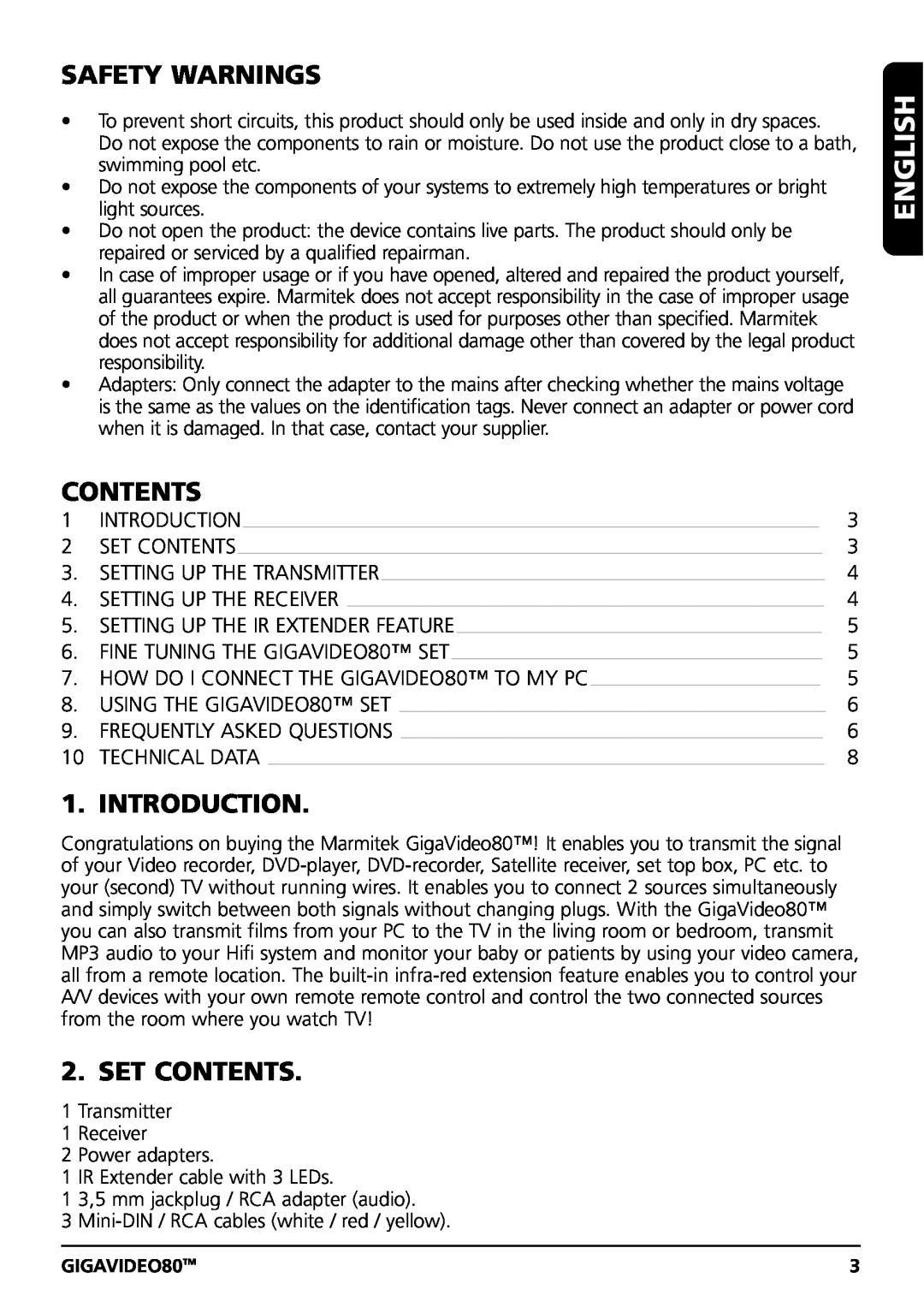 Marmitek GIGAVIDEO80 user manual English, Safety Warnings, Introduction, Set Contents 