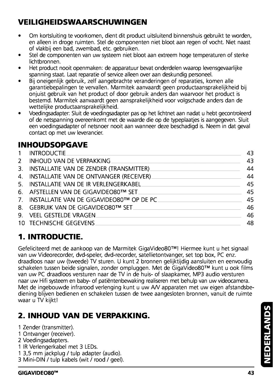 Marmitek GIGAVIDEO80 Nederlands, Veiligheidswaarschuwingen, Inhoudsopgave, Introductie, Inhoud Van De Verpakking 