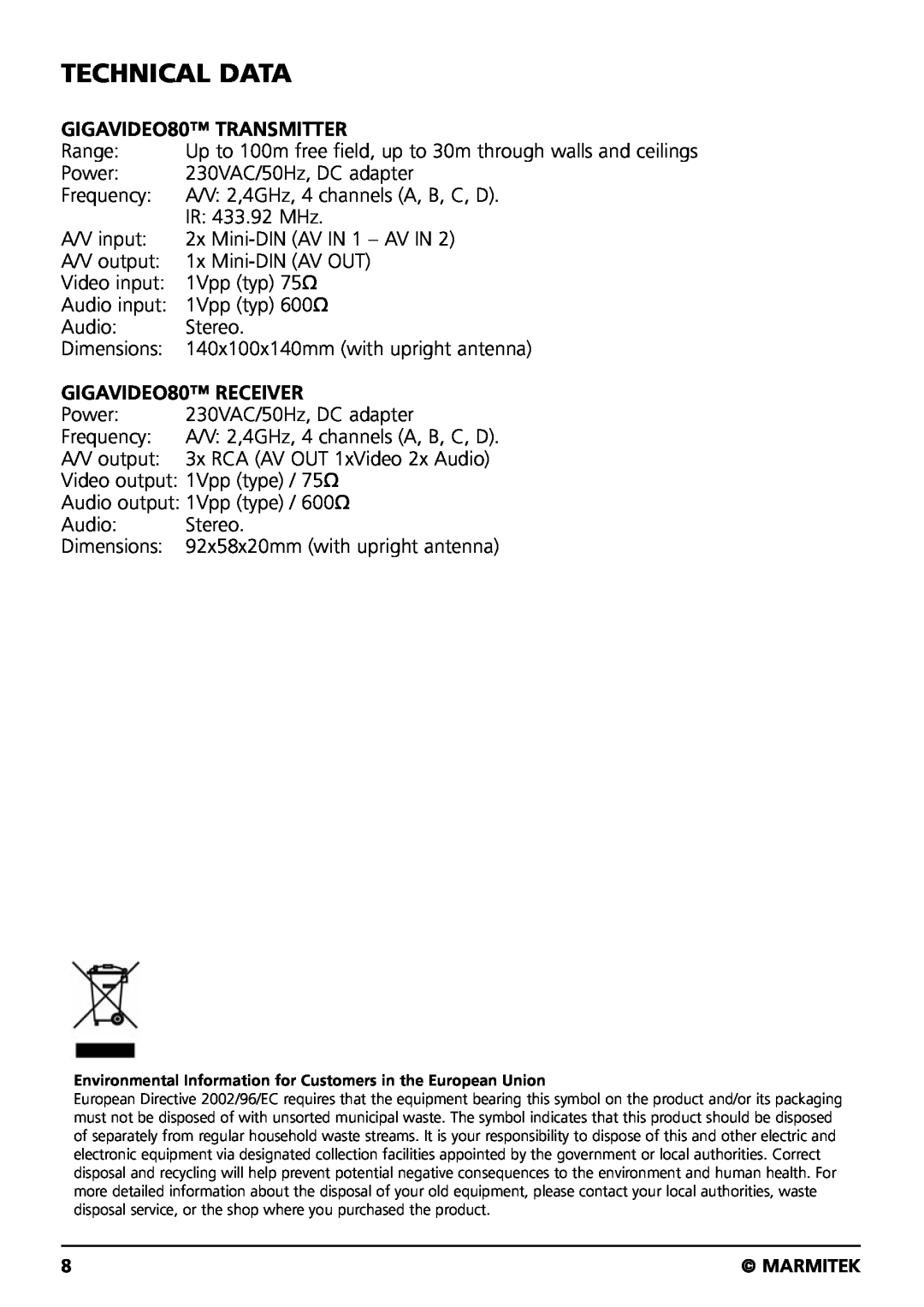 Marmitek user manual Technical Data, GIGAVIDEO80 TRANSMITTER, GIGAVIDEO80 RECEIVER 