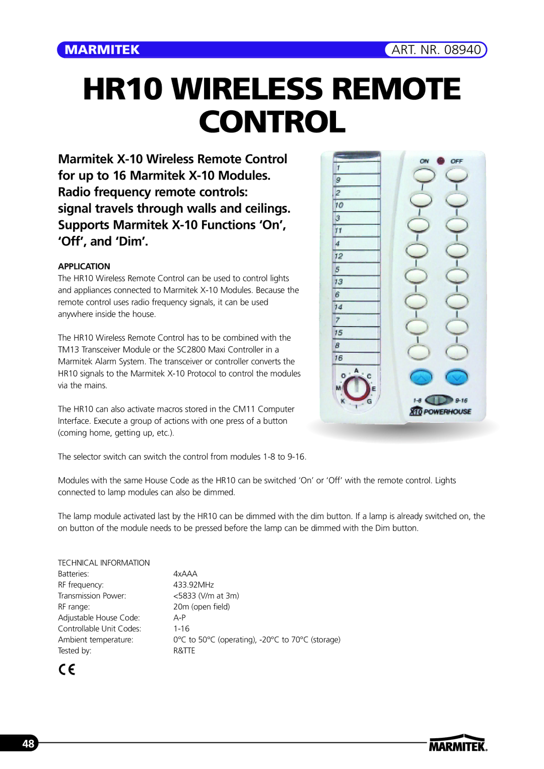 Marmitek manual HR10 Wireless Remote Control, Application, Technical Information, Tte 