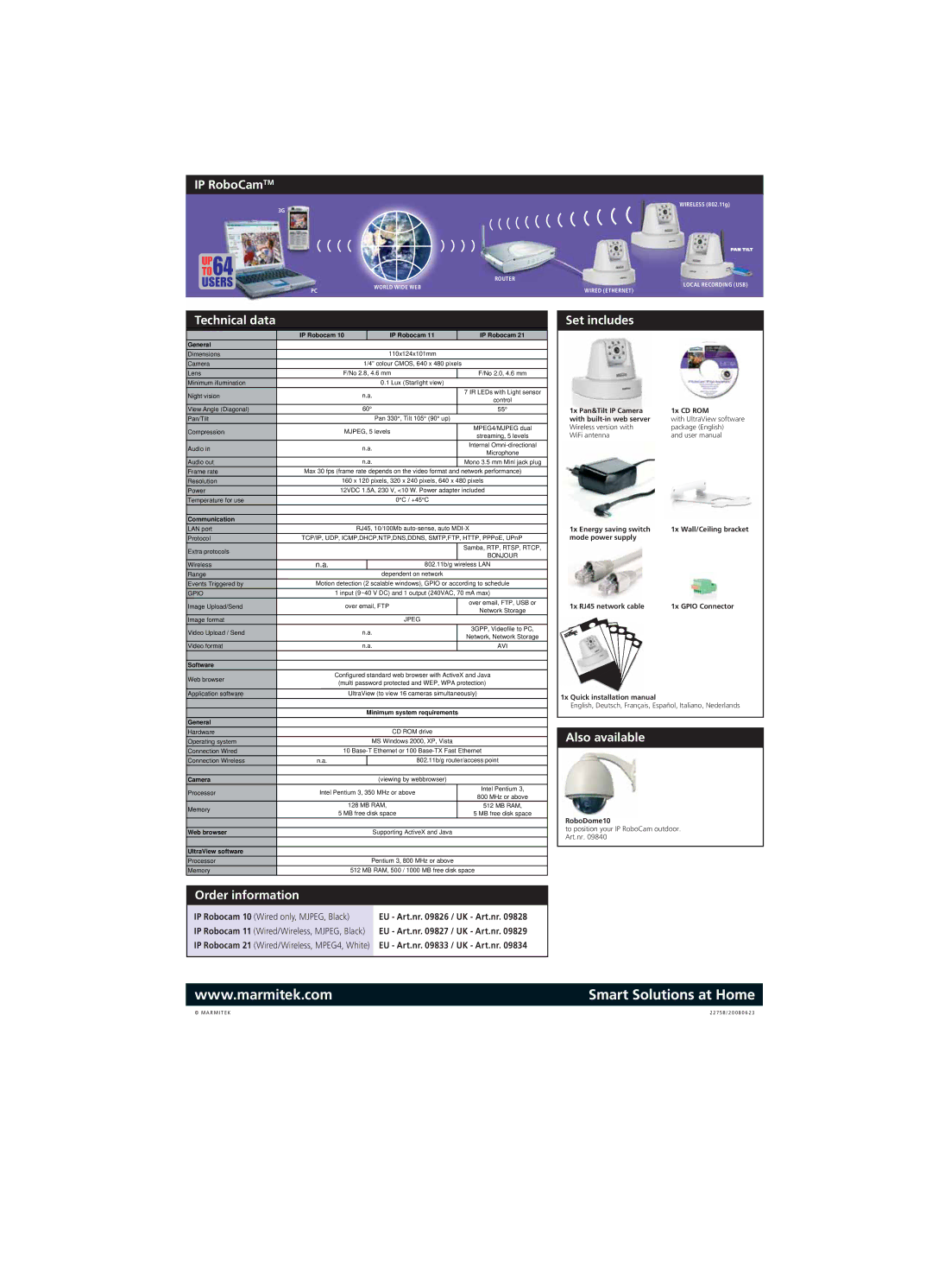 Marmitek manual IP RoboCamTM, Technical data, Order information, Set includes, Also available 