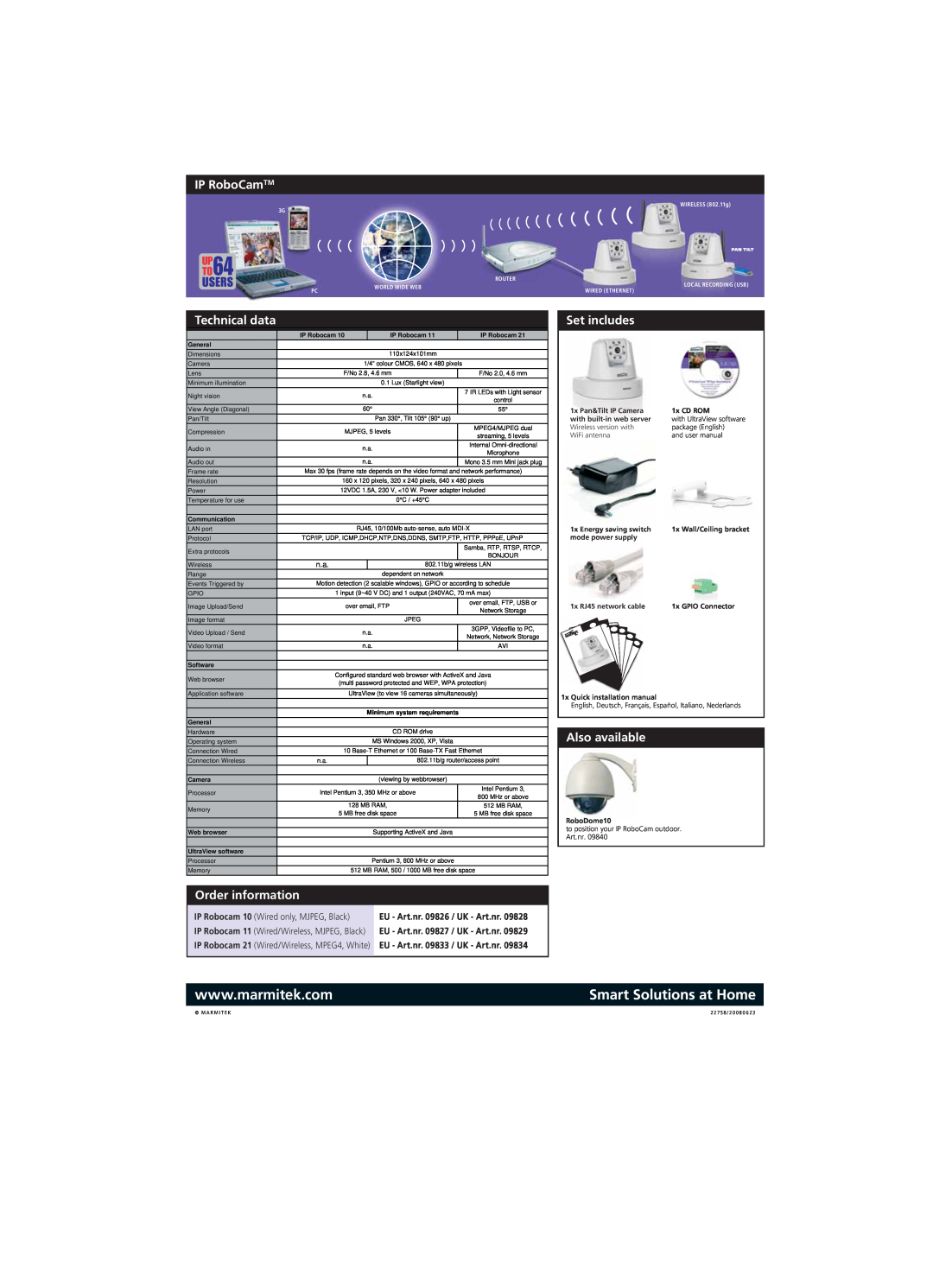 Marmitek manual IP RoboCamTM, Technical data, Order information, Set includes, Also available, Wired only, MJPEG, Black 
