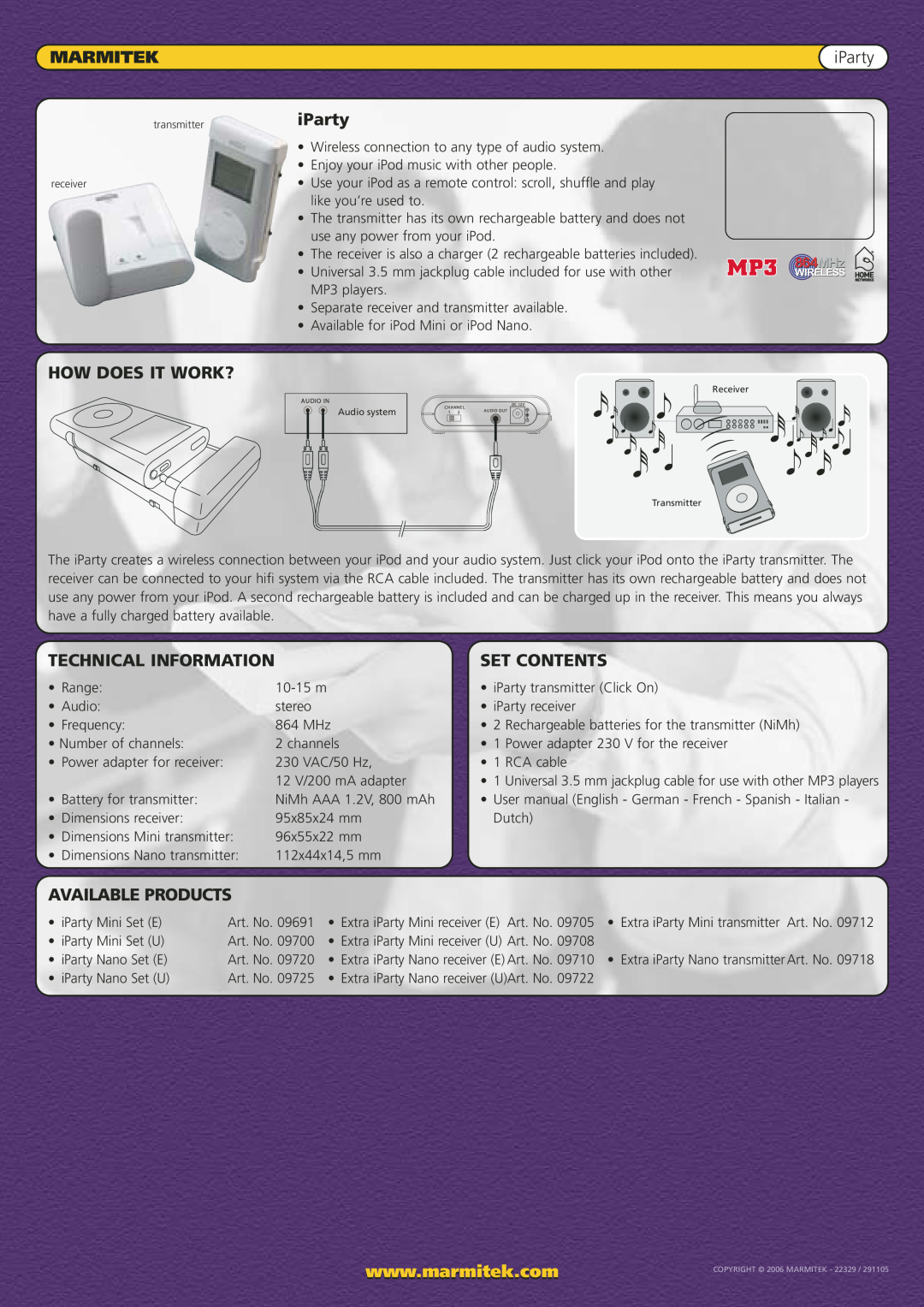 Marmitek iParty manual Marmitek, How Does It Work?, Set Contents, Available Products, Technical Information 