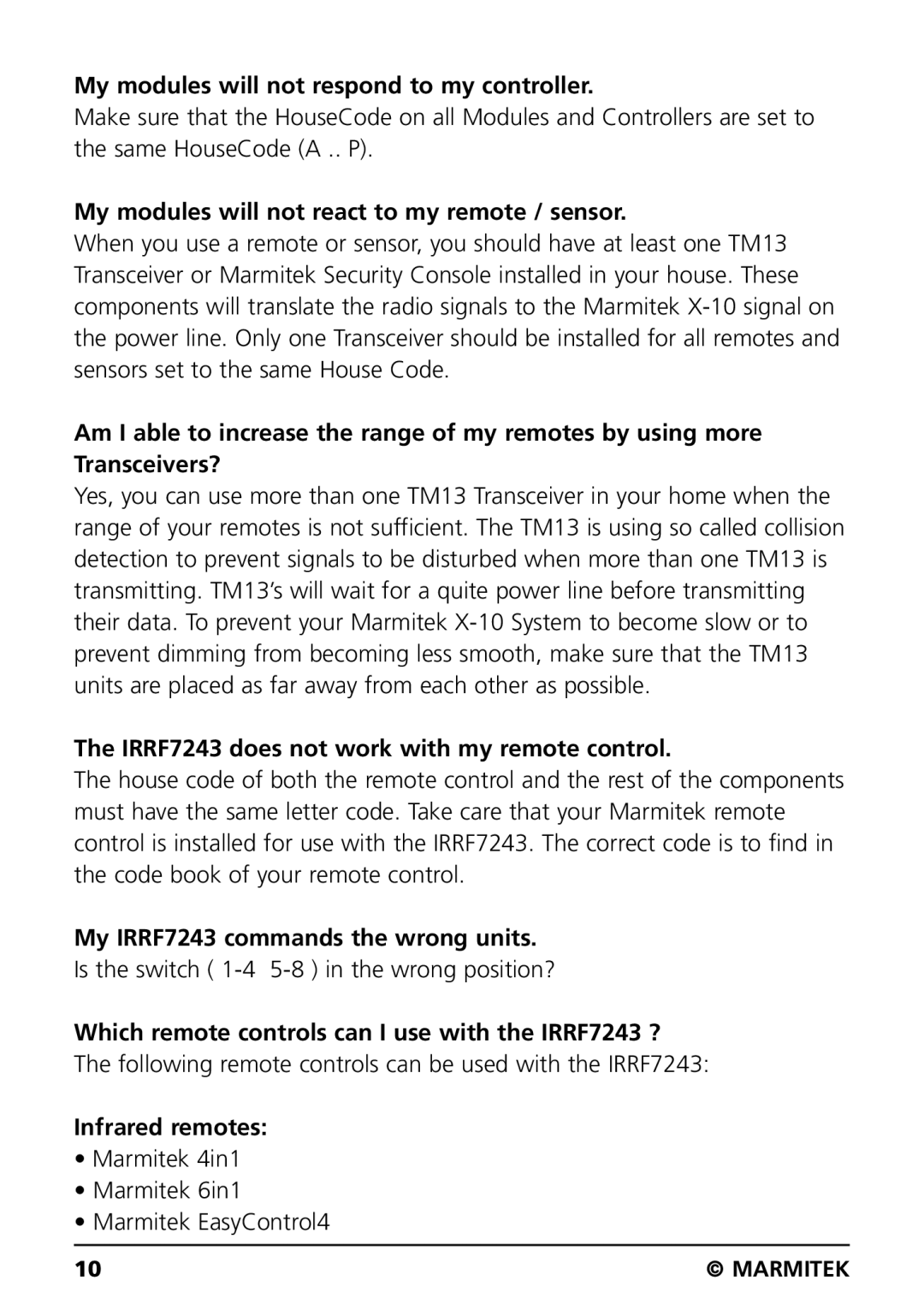 Marmitek IRRF7243 user manual My modules will not respond to my controller, My modules will not react to my remote / sensor 