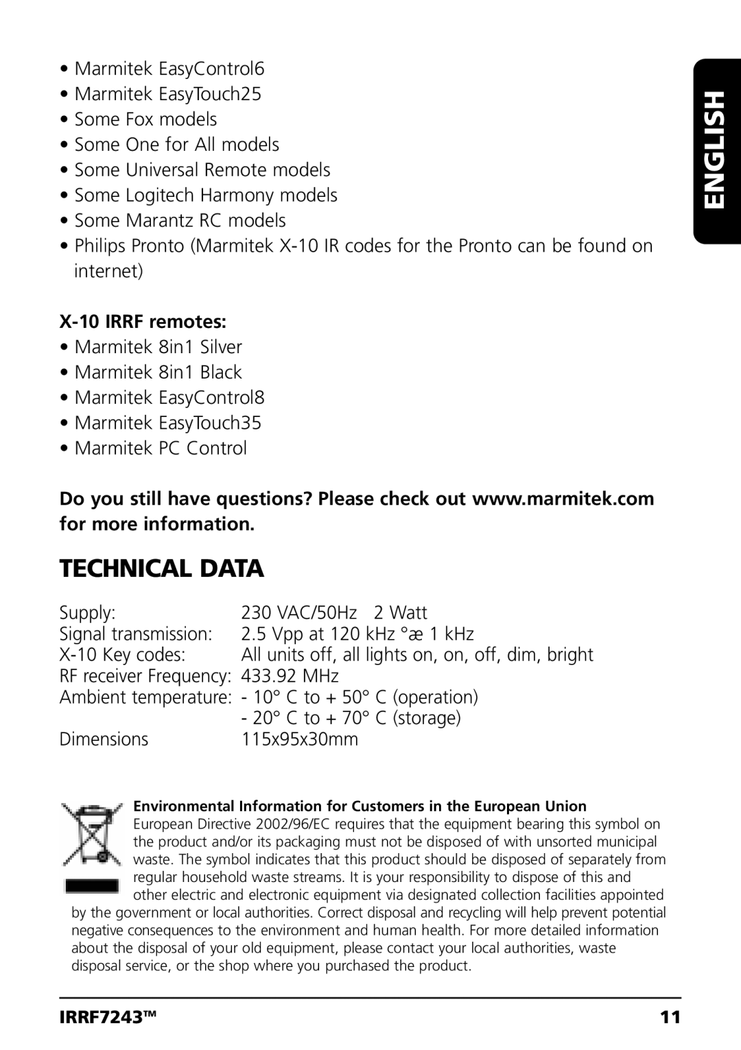 Marmitek IRRF7243 user manual Technical Data, Irrf remotes 