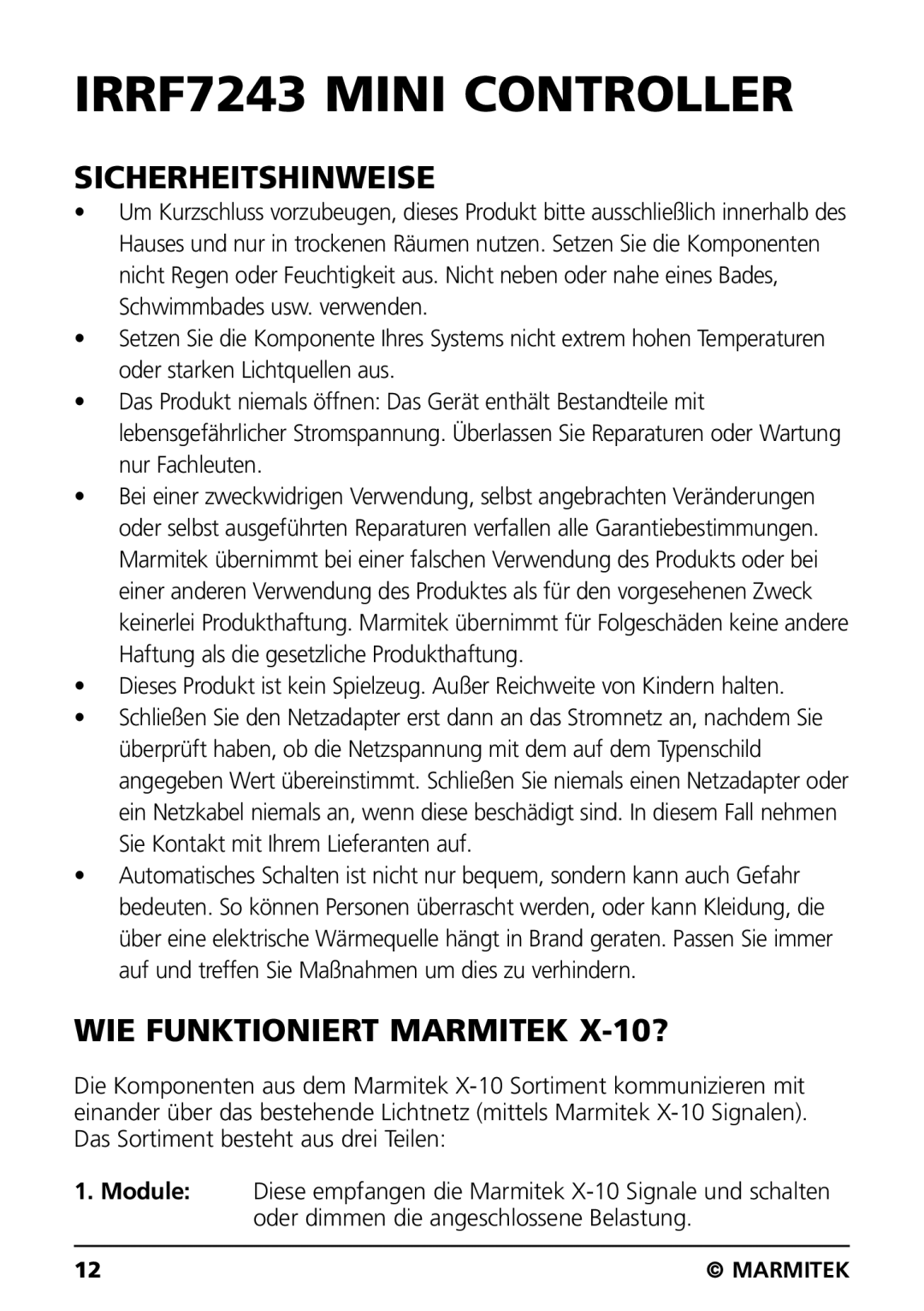 Marmitek IRRF7243 user manual Sicherheitshinweise, WIE Funktioniert Marmitek X-10? 