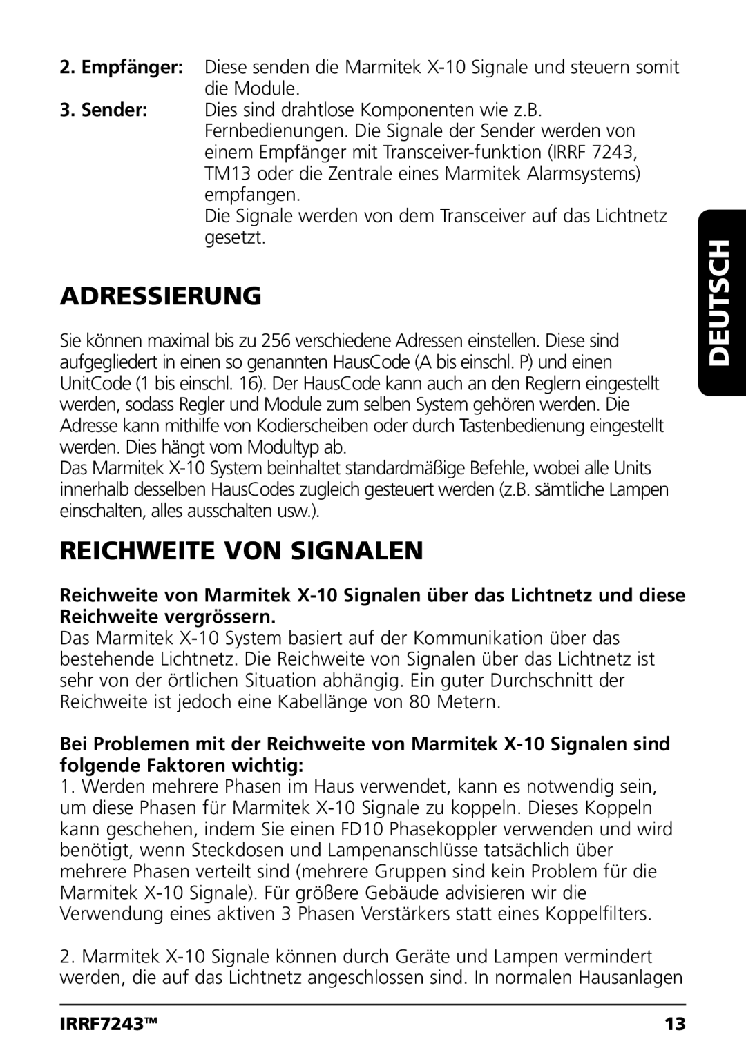 Marmitek IRRF7243 user manual Adressierung, Reichweite VON Signalen 