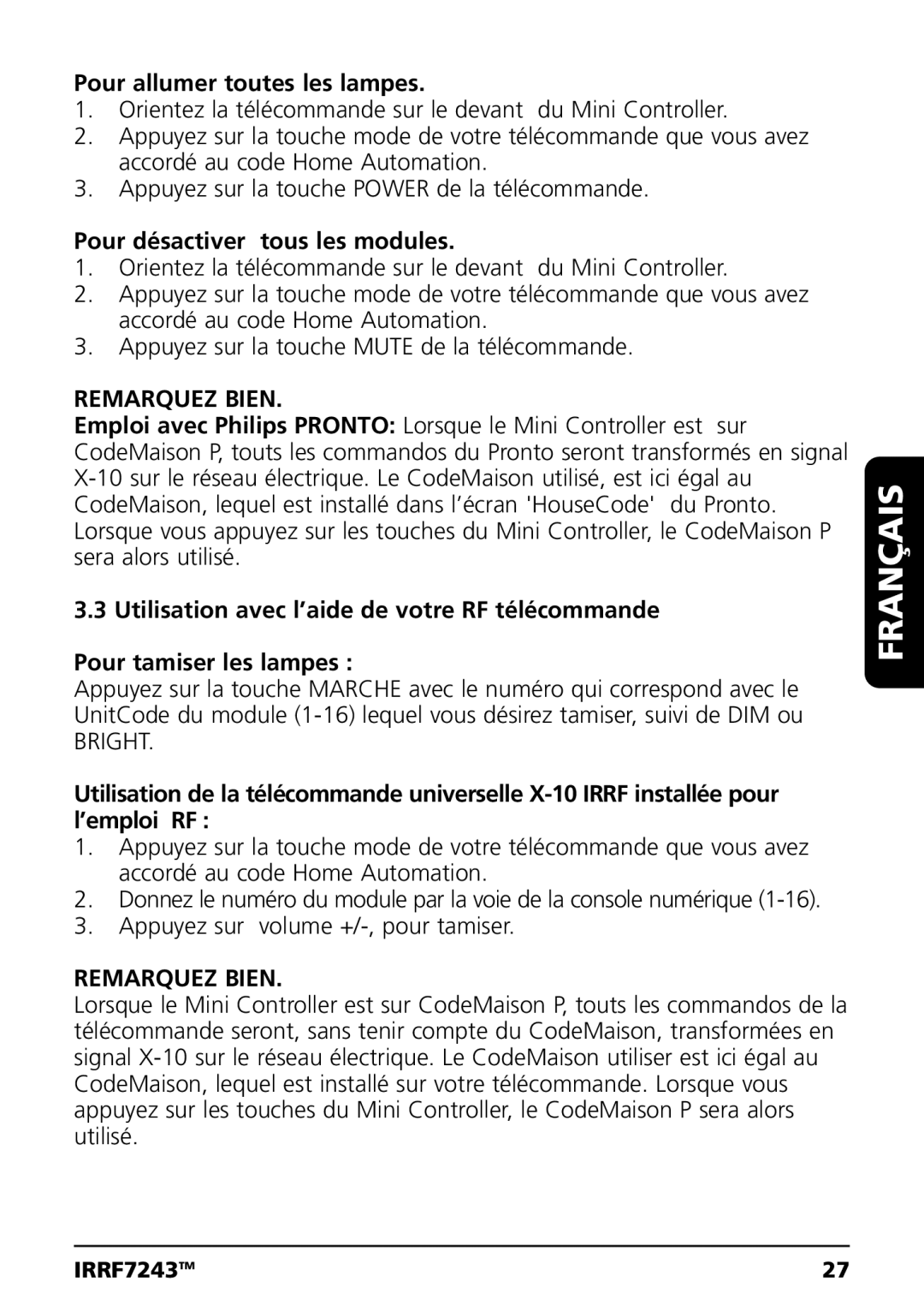 Marmitek IRRF7243 user manual Pour allumer toutes les lampes, Pour désactiver tous les modules 