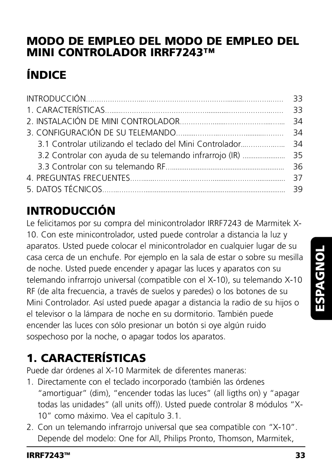 Marmitek IRRF7243 user manual Introducción, Características 