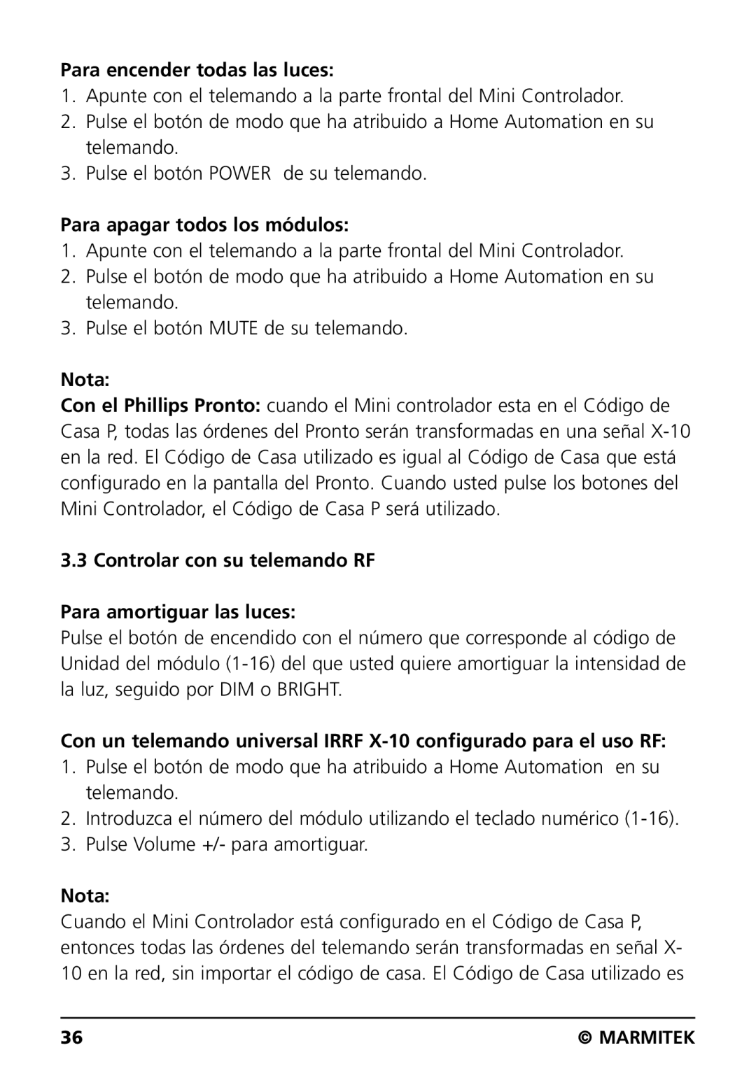 Marmitek IRRF7243 user manual Para encender todas las luces, Para apagar todos los módulos, Nota 