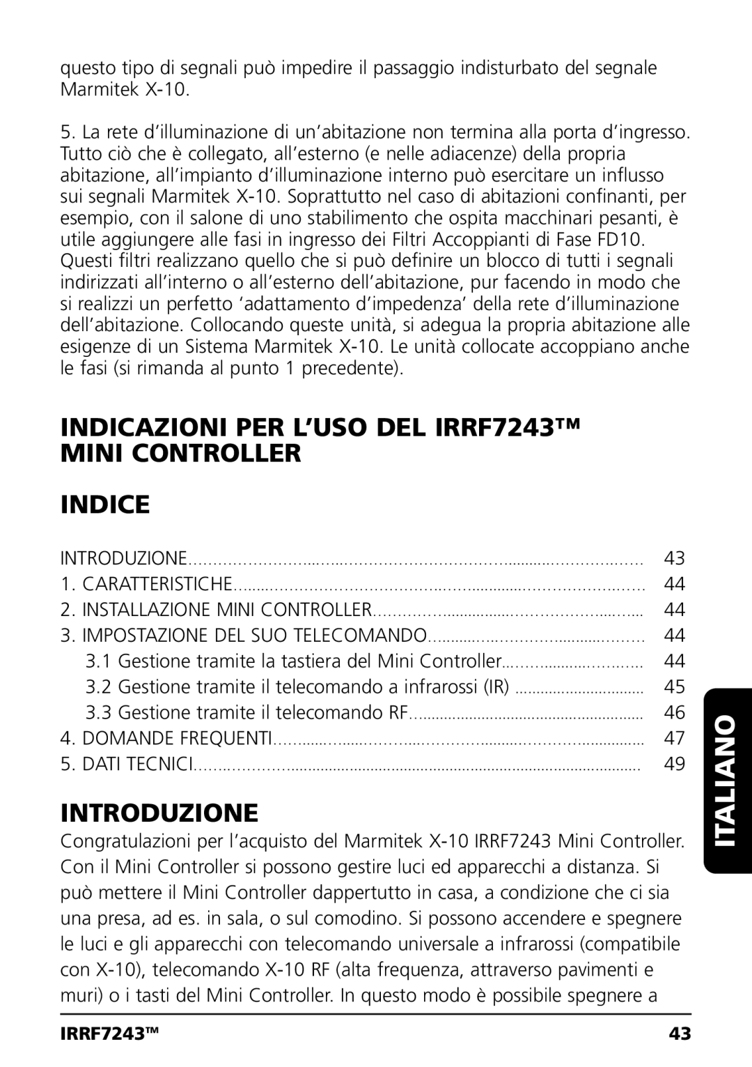 Marmitek user manual Indicazioni PER L’USO DEL IRRF7243 Mini Controller Indice, Introduzione 