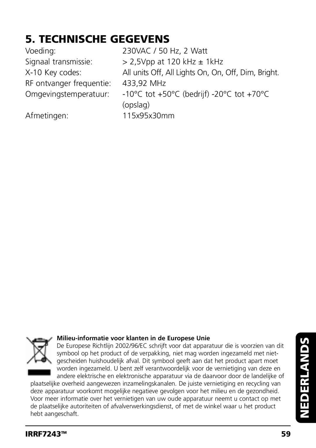 Marmitek IRRF7243 user manual Technische Gegevens, Milieu-informatie voor klanten in de Europese Unie 