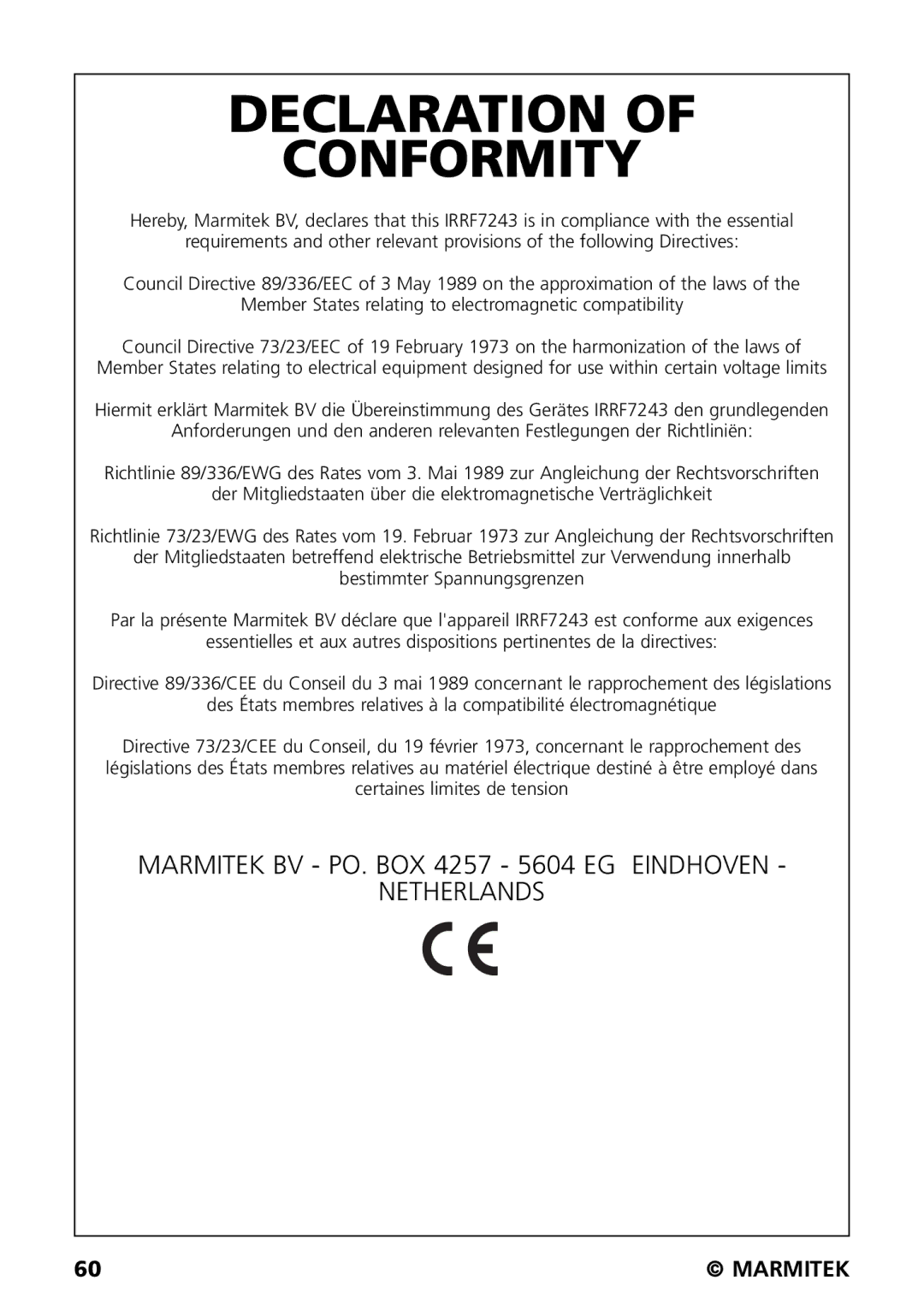 Marmitek IRRF7243 user manual Declaration Conformity 