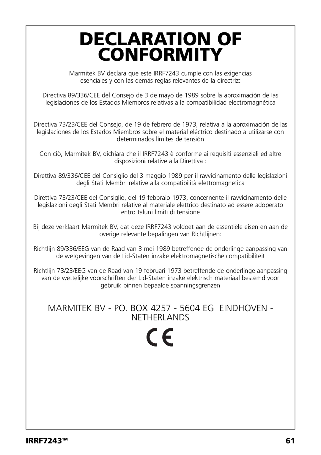 Marmitek IRRF7243 user manual Declaration Conformity 