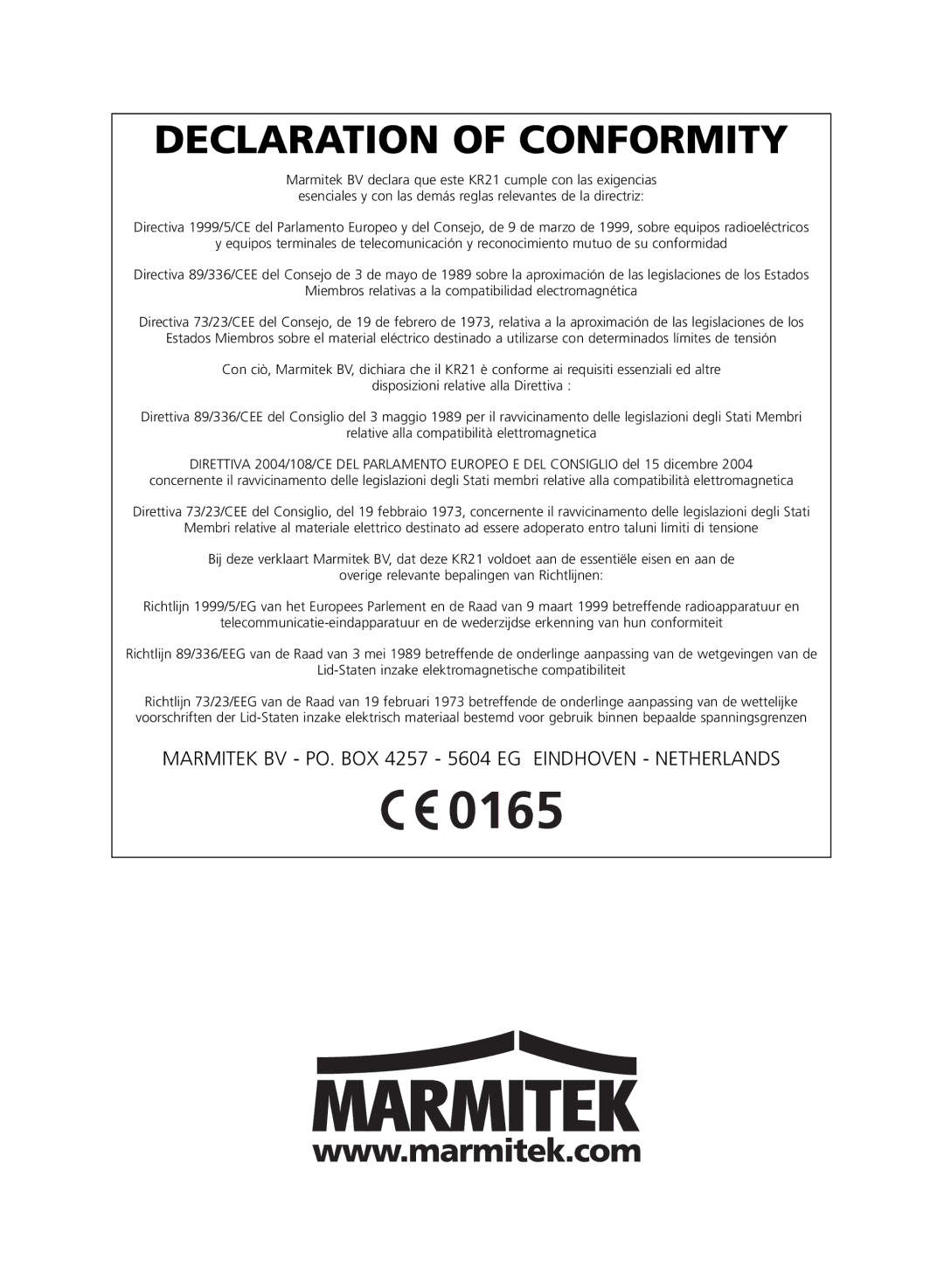 Marmitek KR21 user manual Declaration of Conformity 