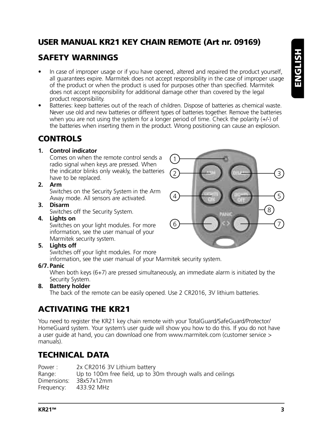 Marmitek user manual English, Safety Warnings, Controls, Activating the KR21 Technical Data 