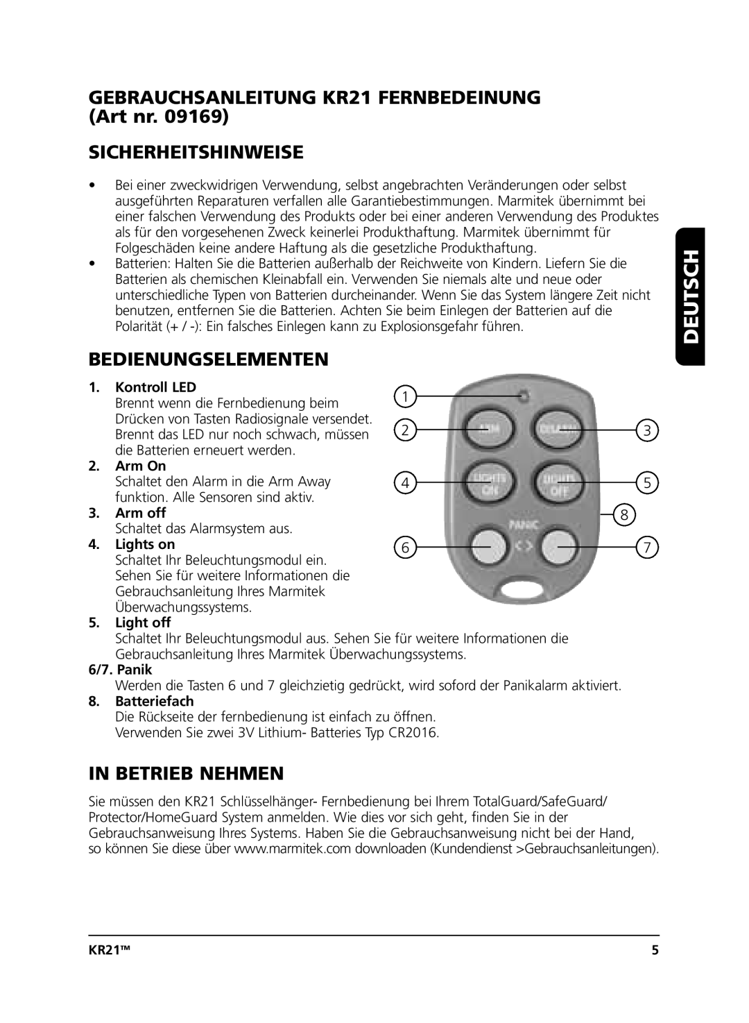 Marmitek KR21 user manual Deutsch, Sicherheitshinweise, Bedienungselementen, Betrieb Nehmen 