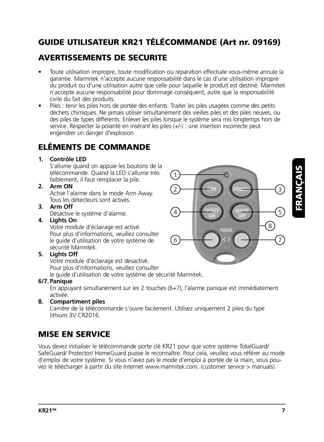 Marmitek KR21 user manual Français, Avertissements DE Securite, Eléments DE Commande, Mise EN Service 