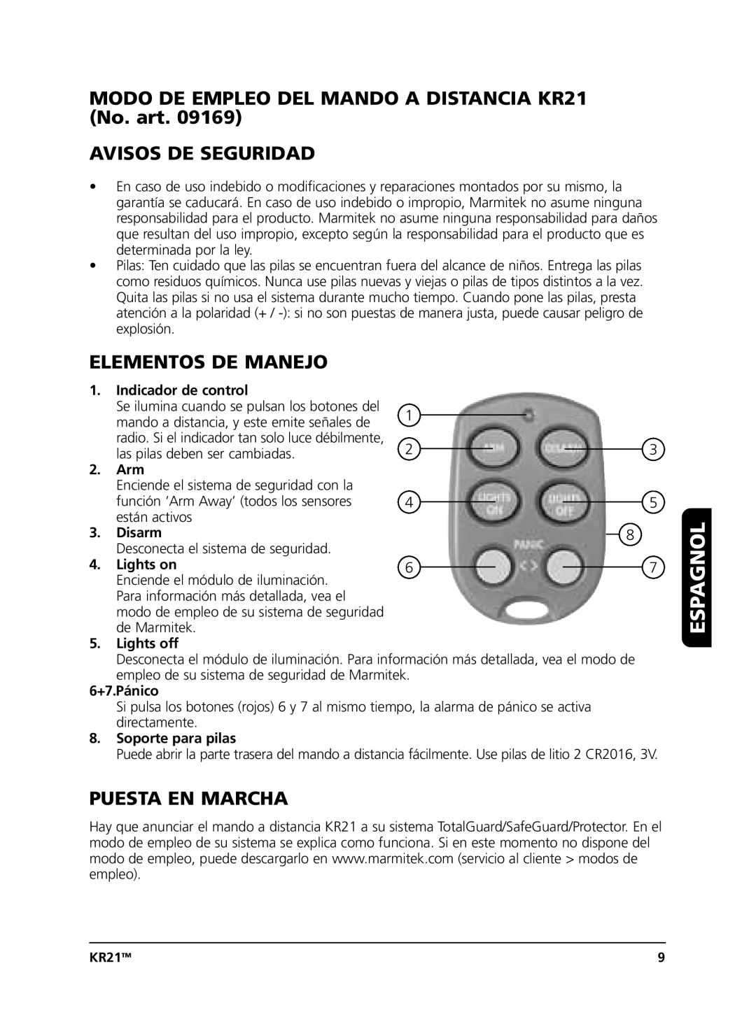 Marmitek KR21 user manual Espagnol, Avisos DE Seguridad, Elementos DE Manejo, Puesta EN Marcha 