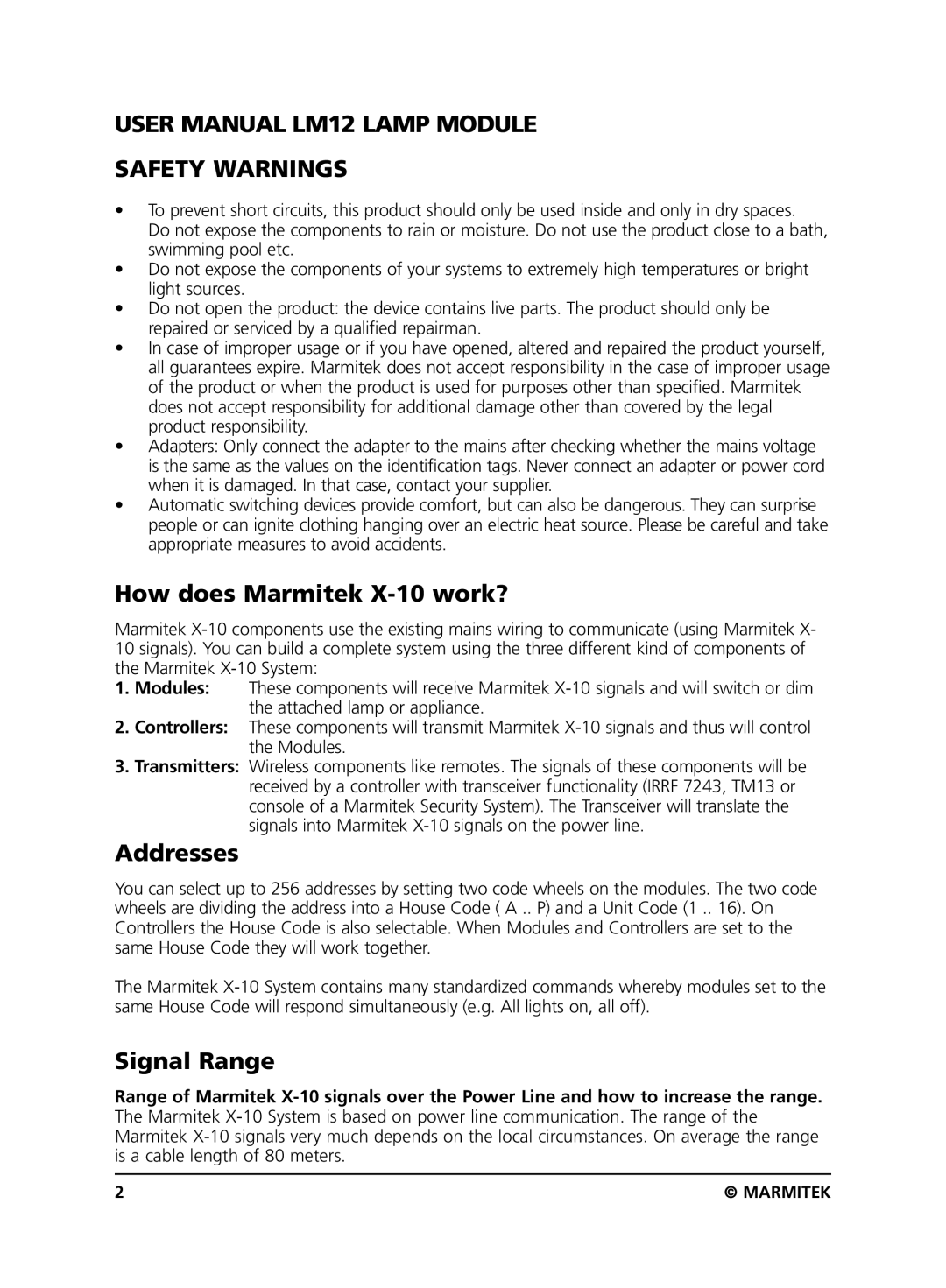 Marmitek LM12 user manual Safety Warnings, How does Marmitek X-10 work?, Addresses, Signal Range 