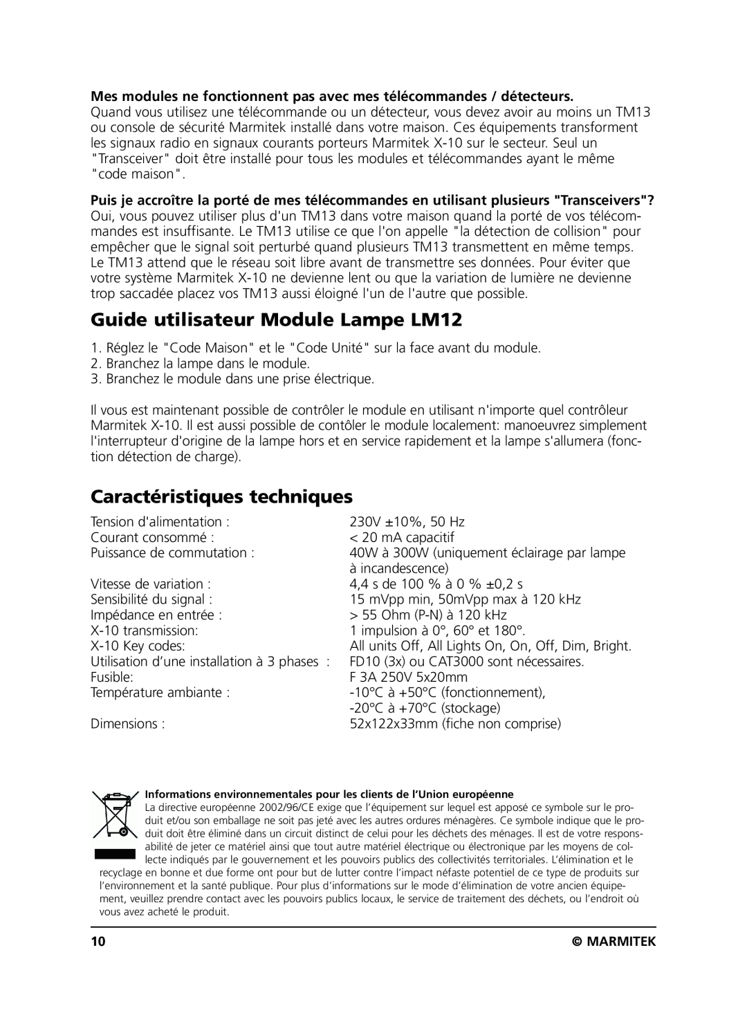 Marmitek user manual Guide utilisateur Module Lampe LM12, Caractéristiques techniques 