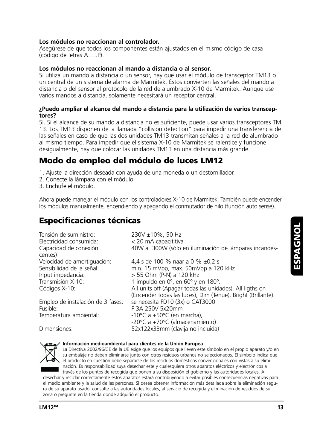 Marmitek user manual Modo de empleo del módulo de luces LM12, Especificaciones técnicas, Espagnol 