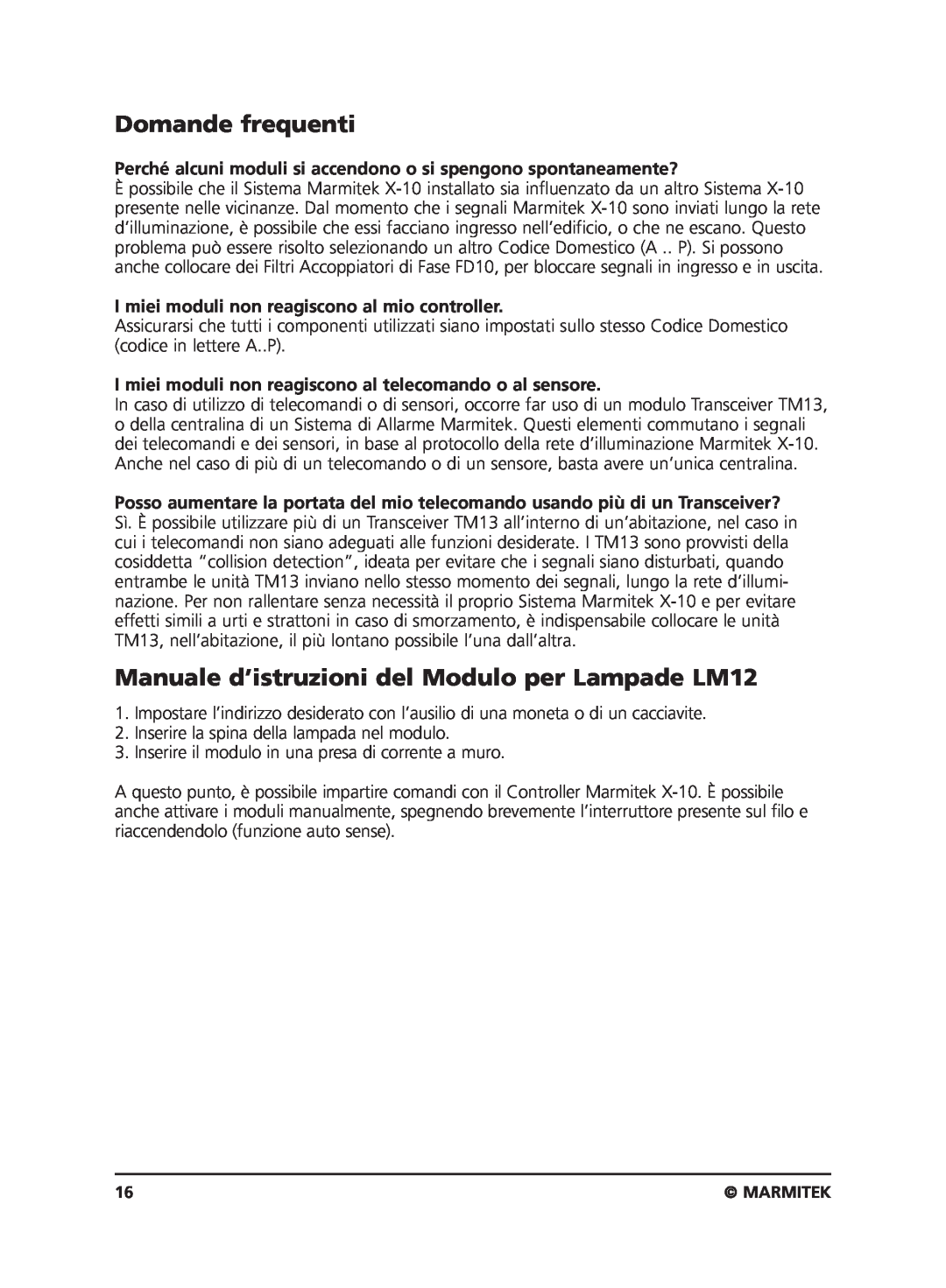 Marmitek user manual Domande frequenti, Manuale d’istruzioni del Modulo per Lampade LM12 