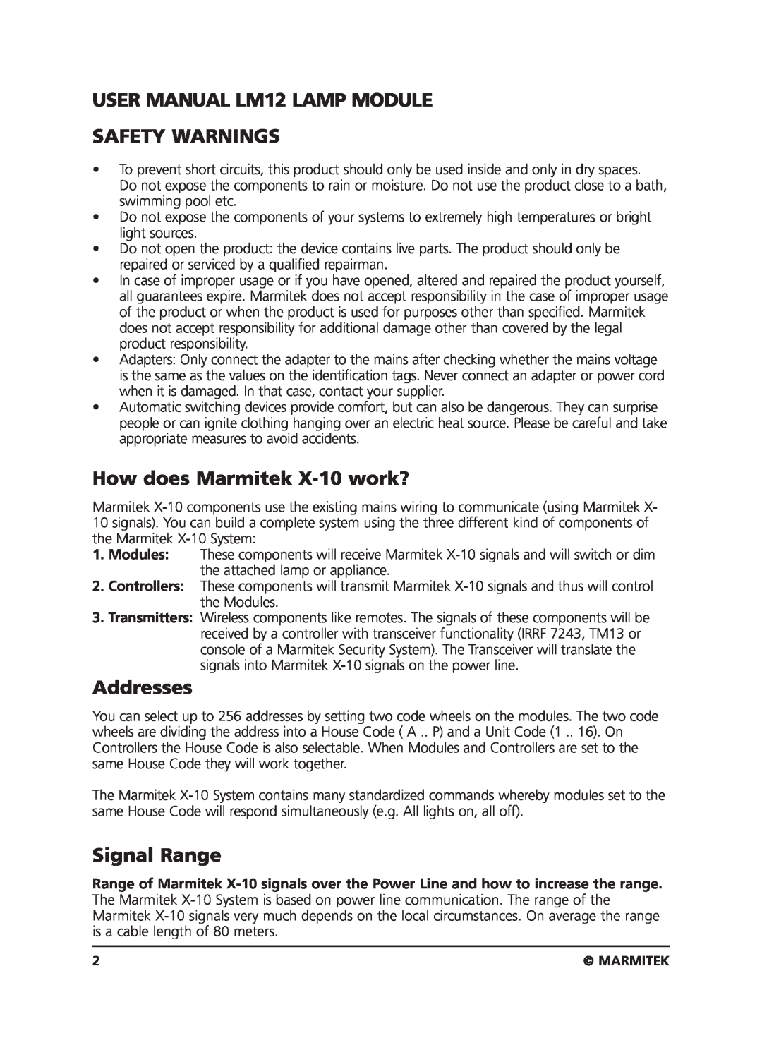 Marmitek LM12 user manual How does Marmitek X-10work?, Addresses, Signal Range 